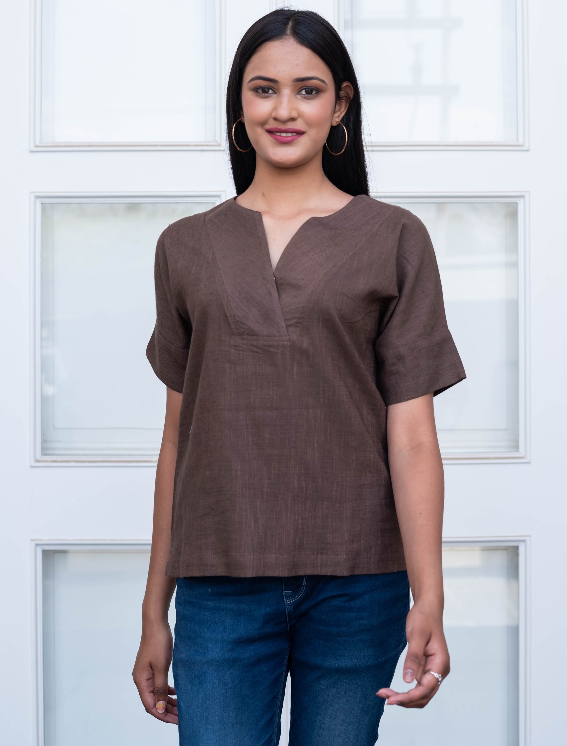 Chocolate Brown V-Neck Cotton Top