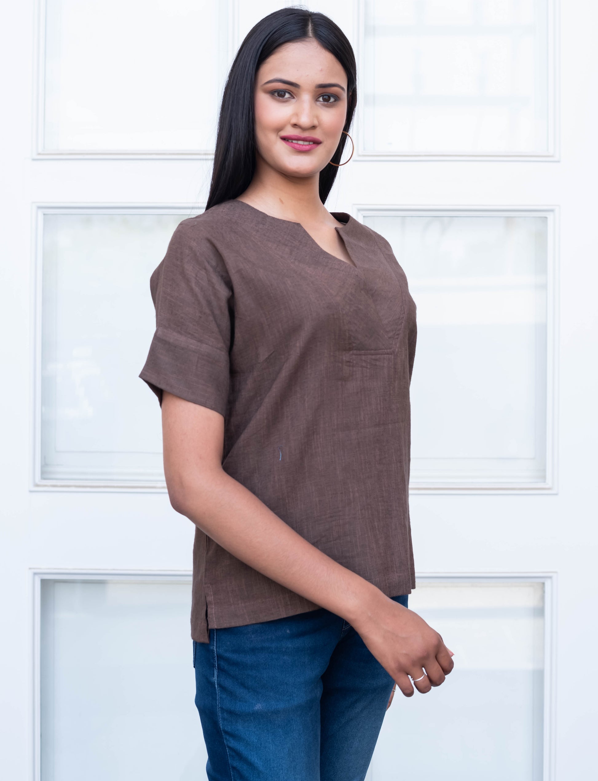 Chocolate Brown V-Neck Cotton Top