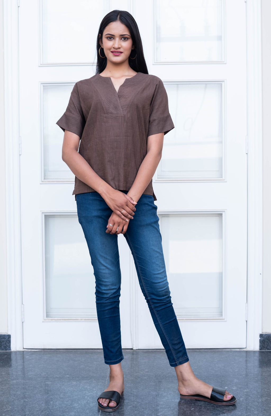Chocolate Brown V-Neck Cotton Top