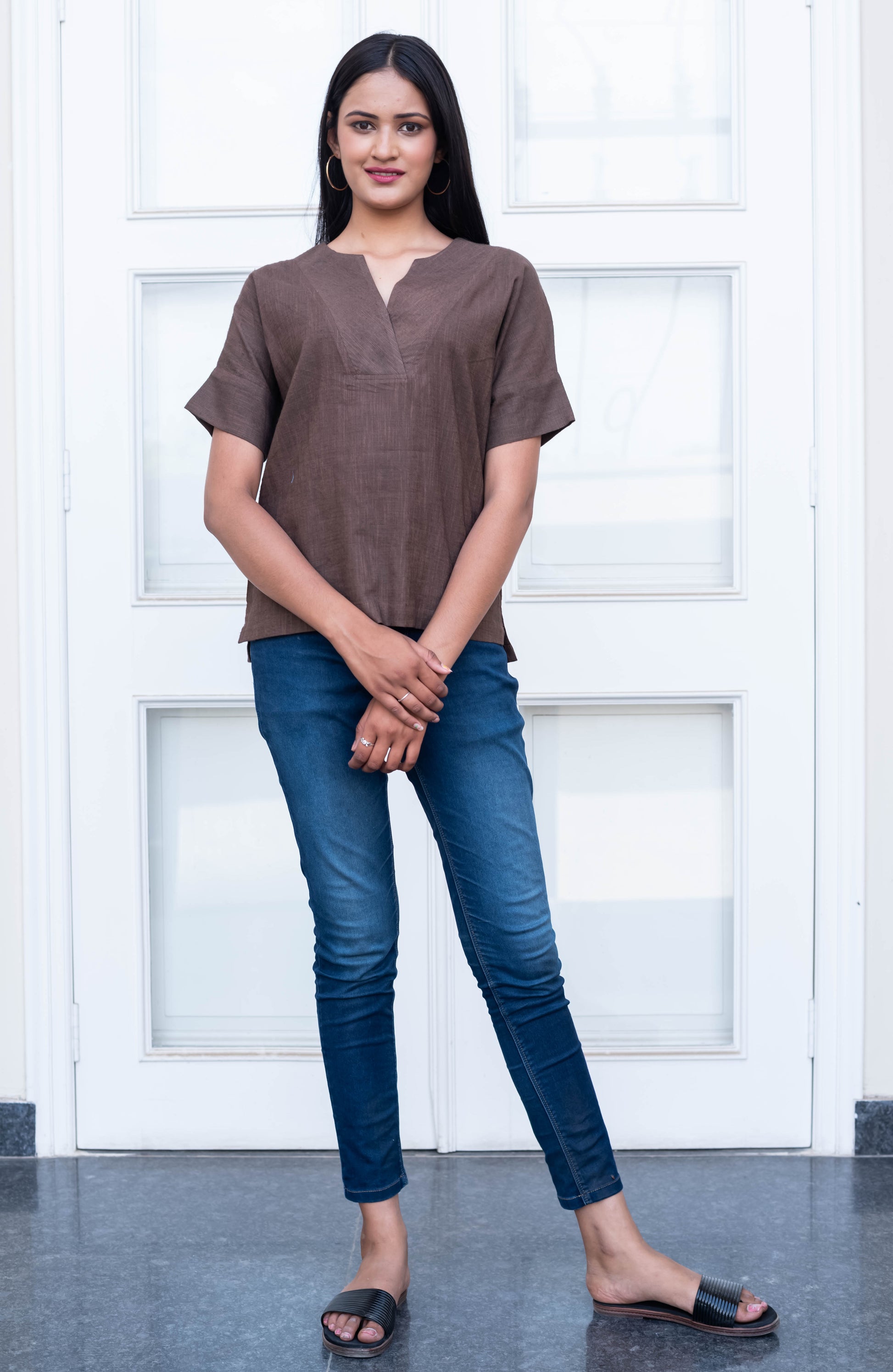 Chocolate Brown V-Neck Cotton Top