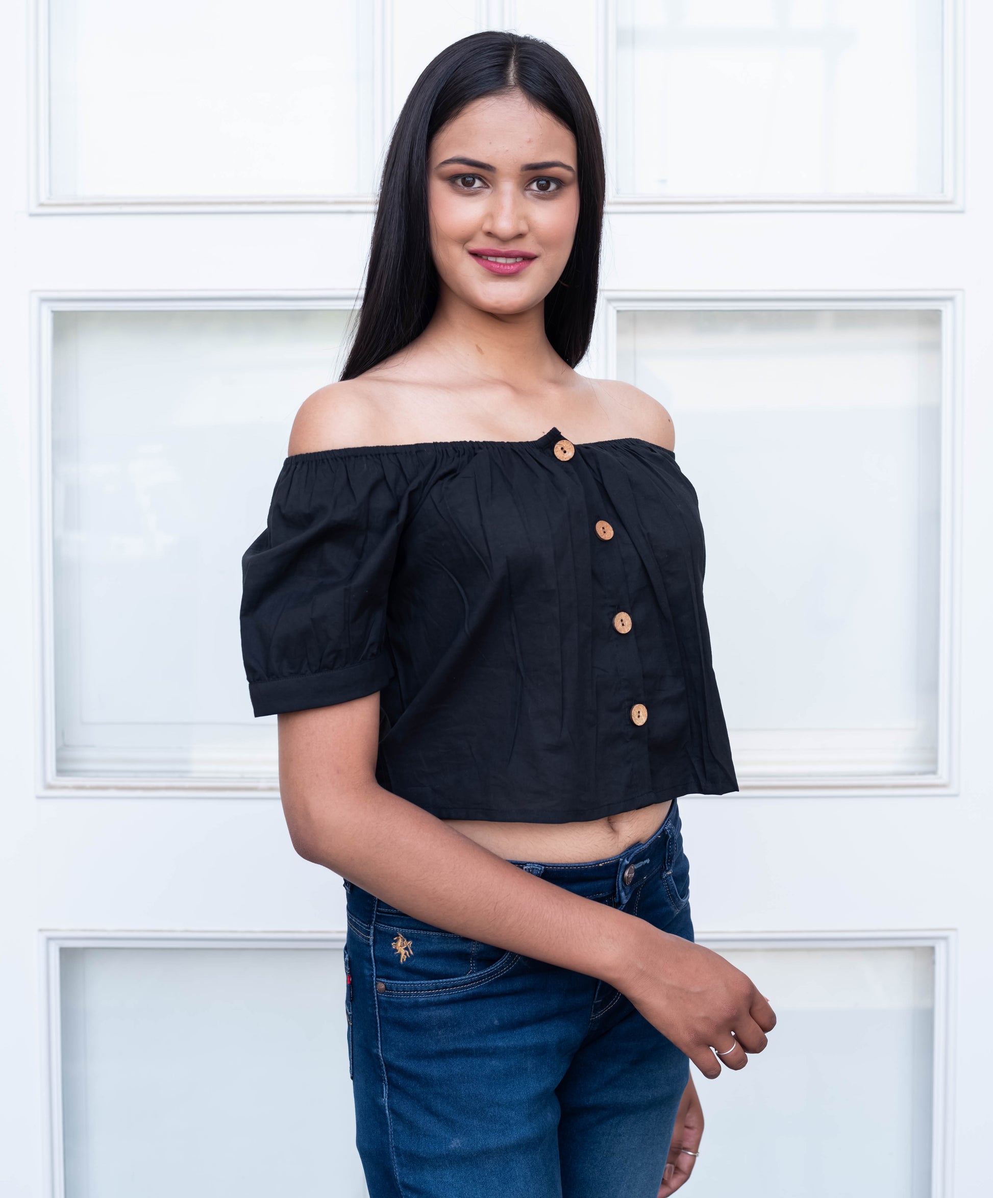 Black Off-Shoulder Button-Front Crop Top