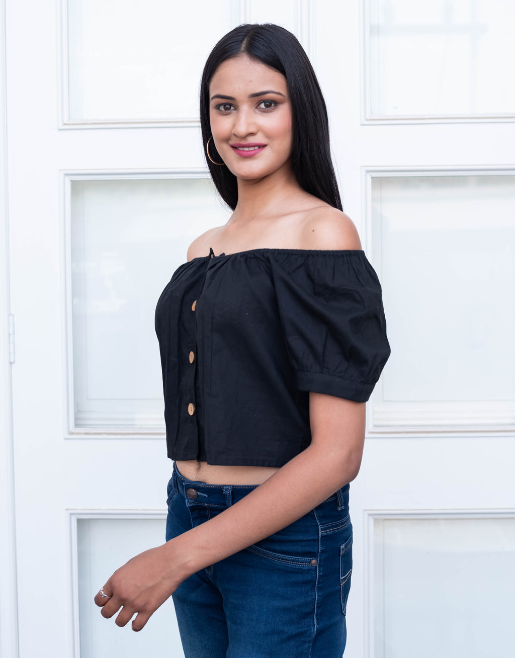 Black Off-Shoulder Button-Front Crop Top