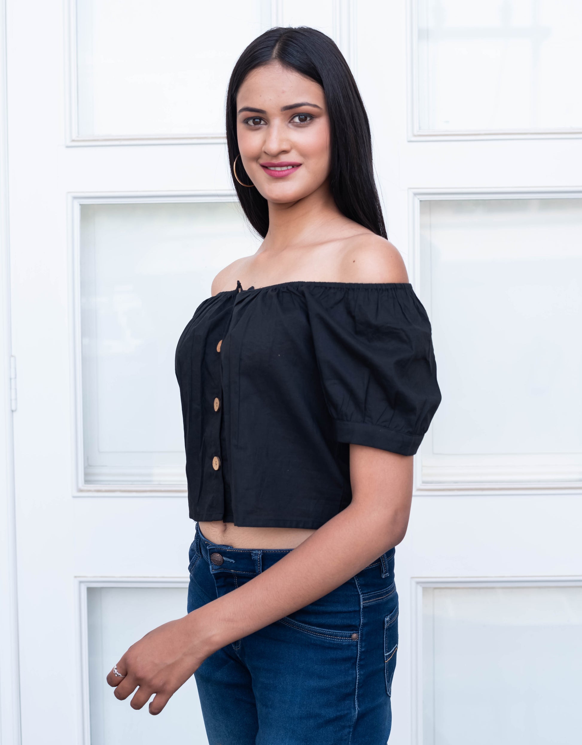 Black Off-Shoulder Button-Front Crop Top