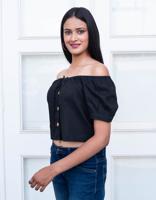 Black Off-Shoulder Button-Front Crop Top