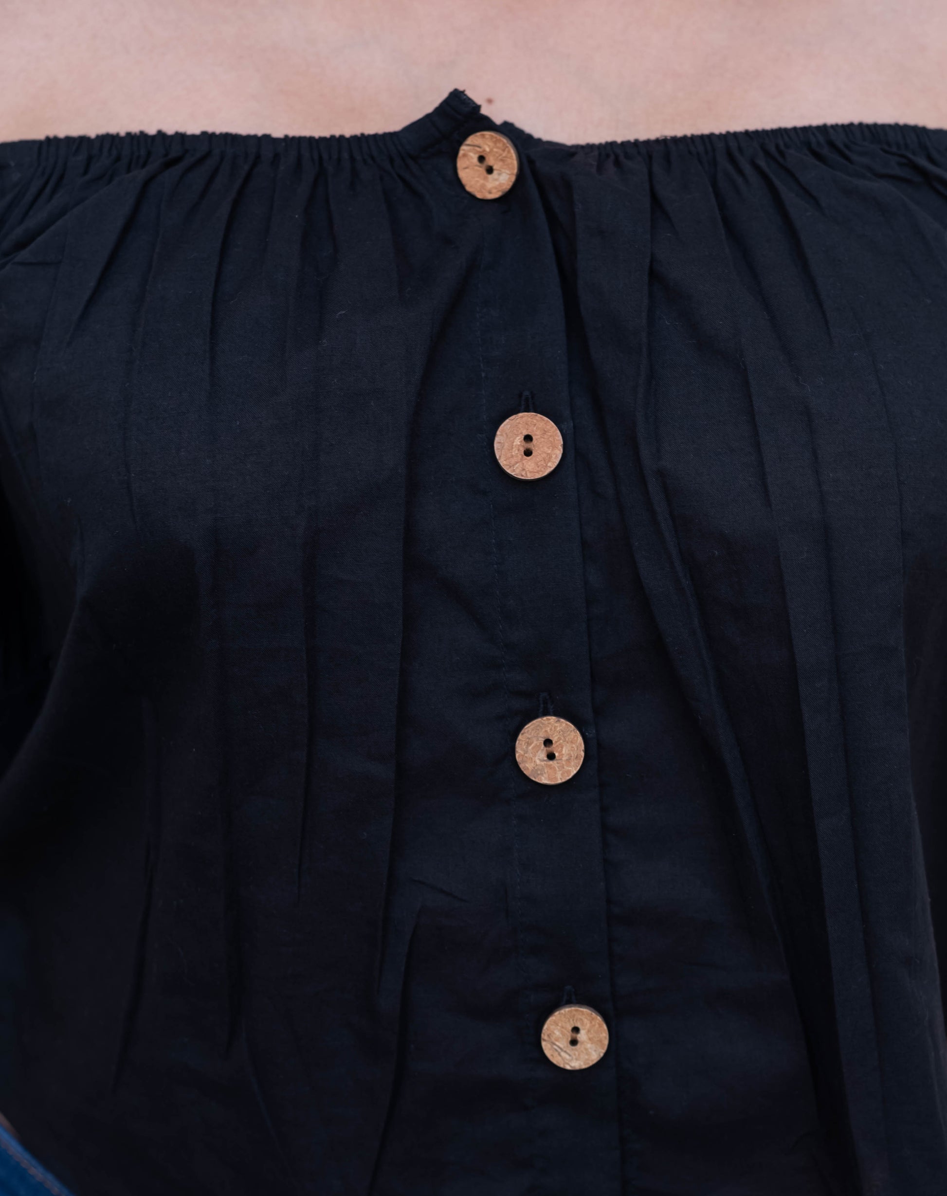 Black Off-Shoulder Button-Front Crop Top