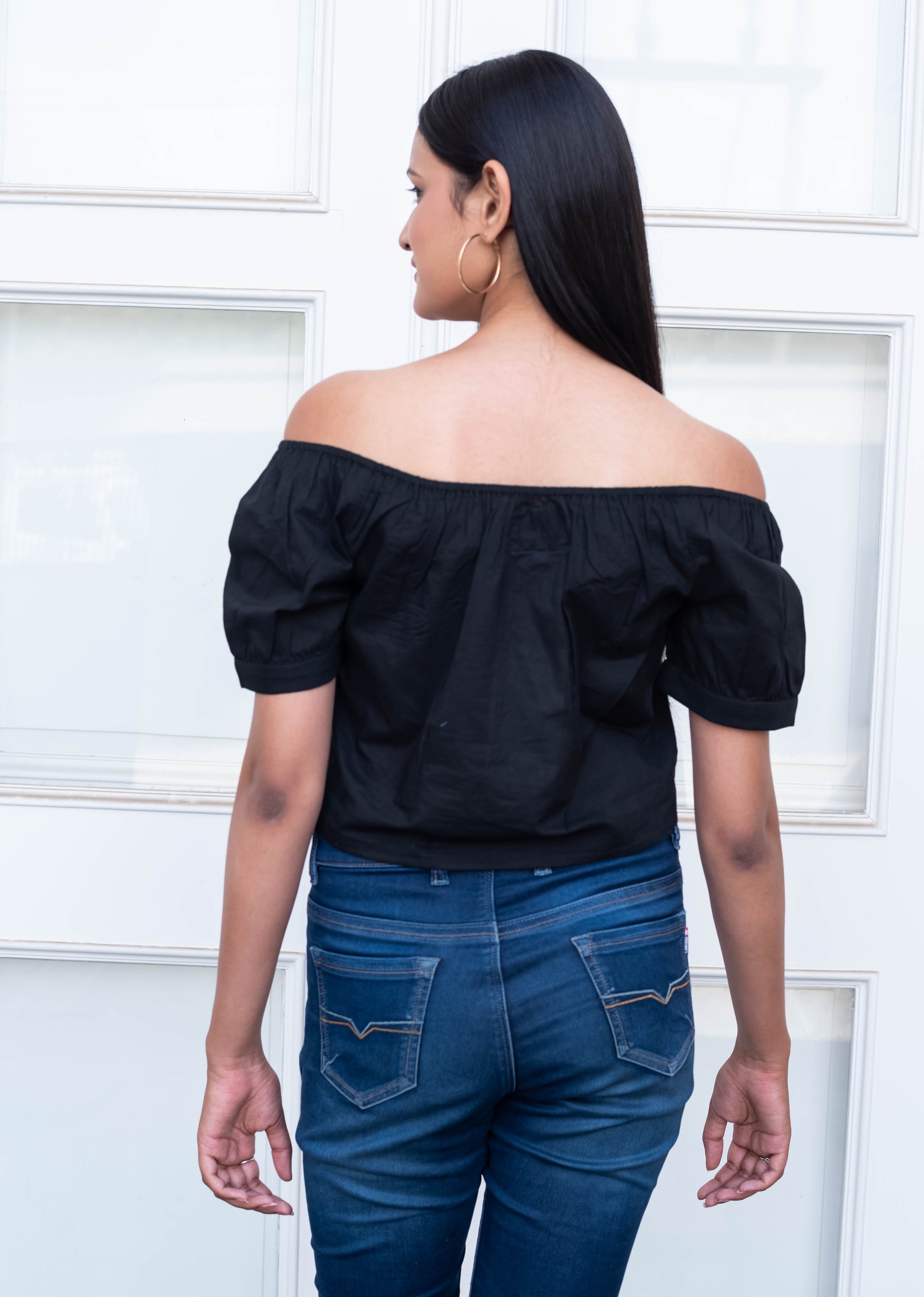 Black Off-Shoulder Button-Front Crop Top