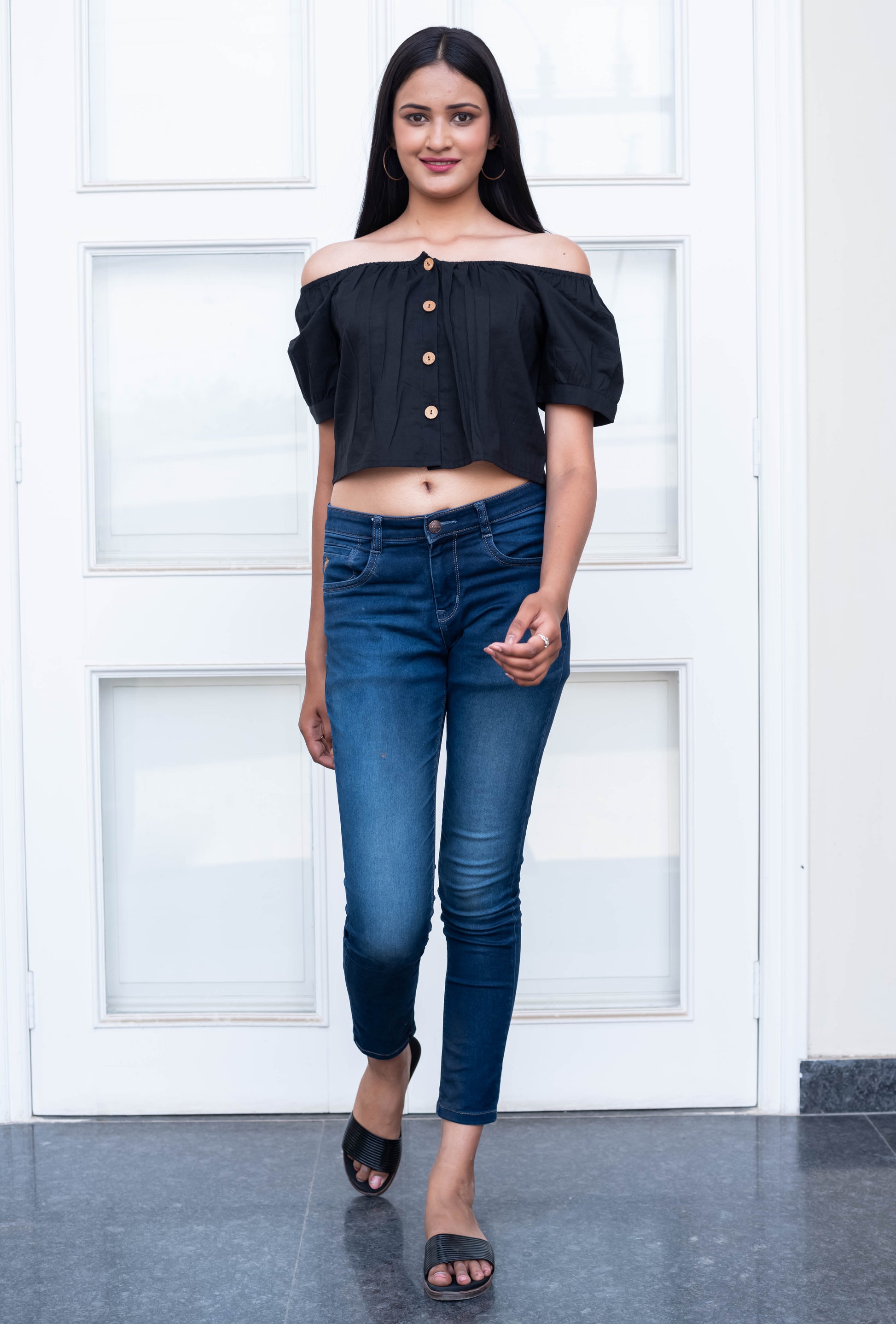 Black Off-Shoulder Button-Front Crop Top
