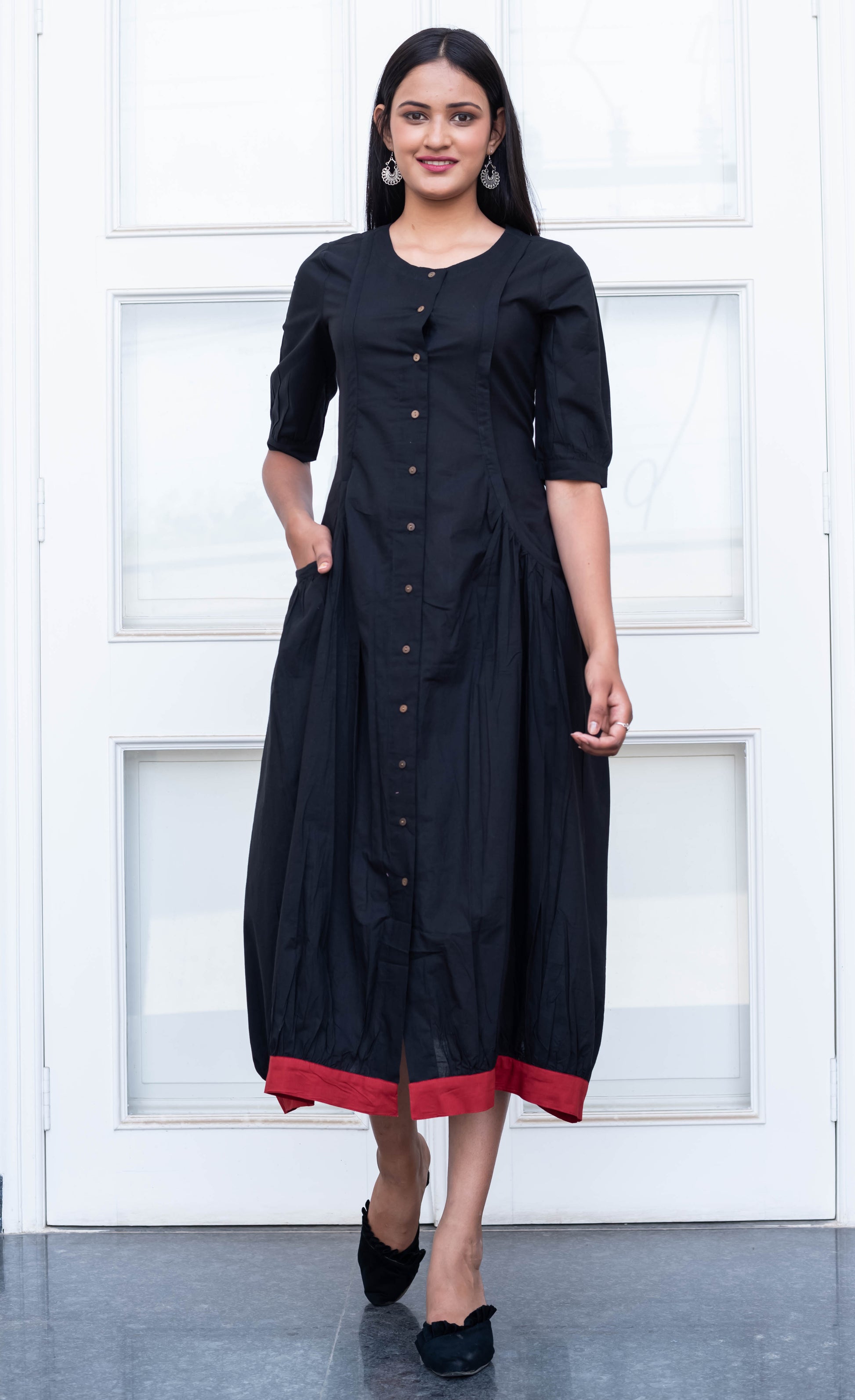 Elegant Black Button-Down Midi Dress with Red Hem