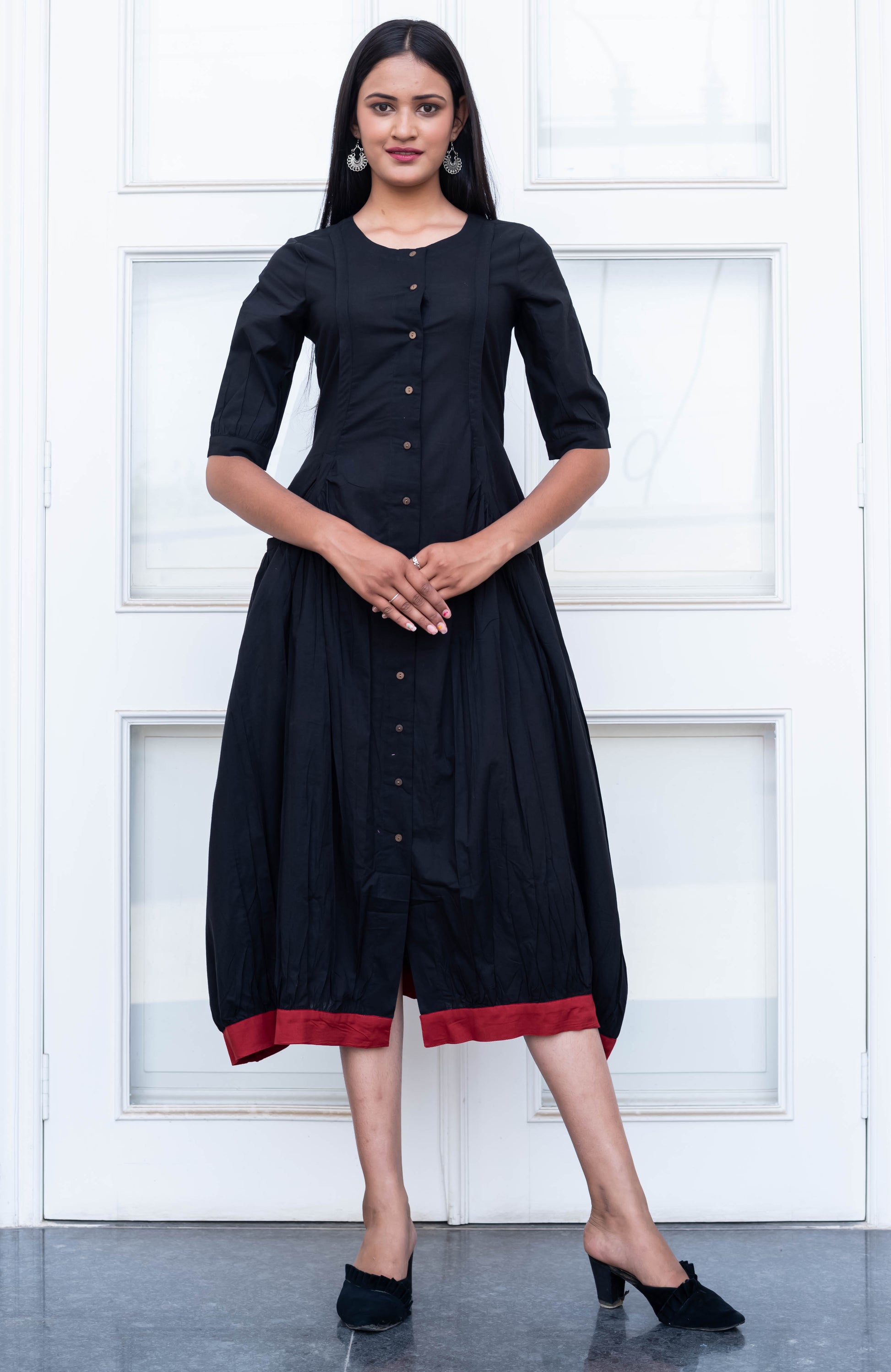 Elegant Black Button-Down Midi Dress with Red Hem