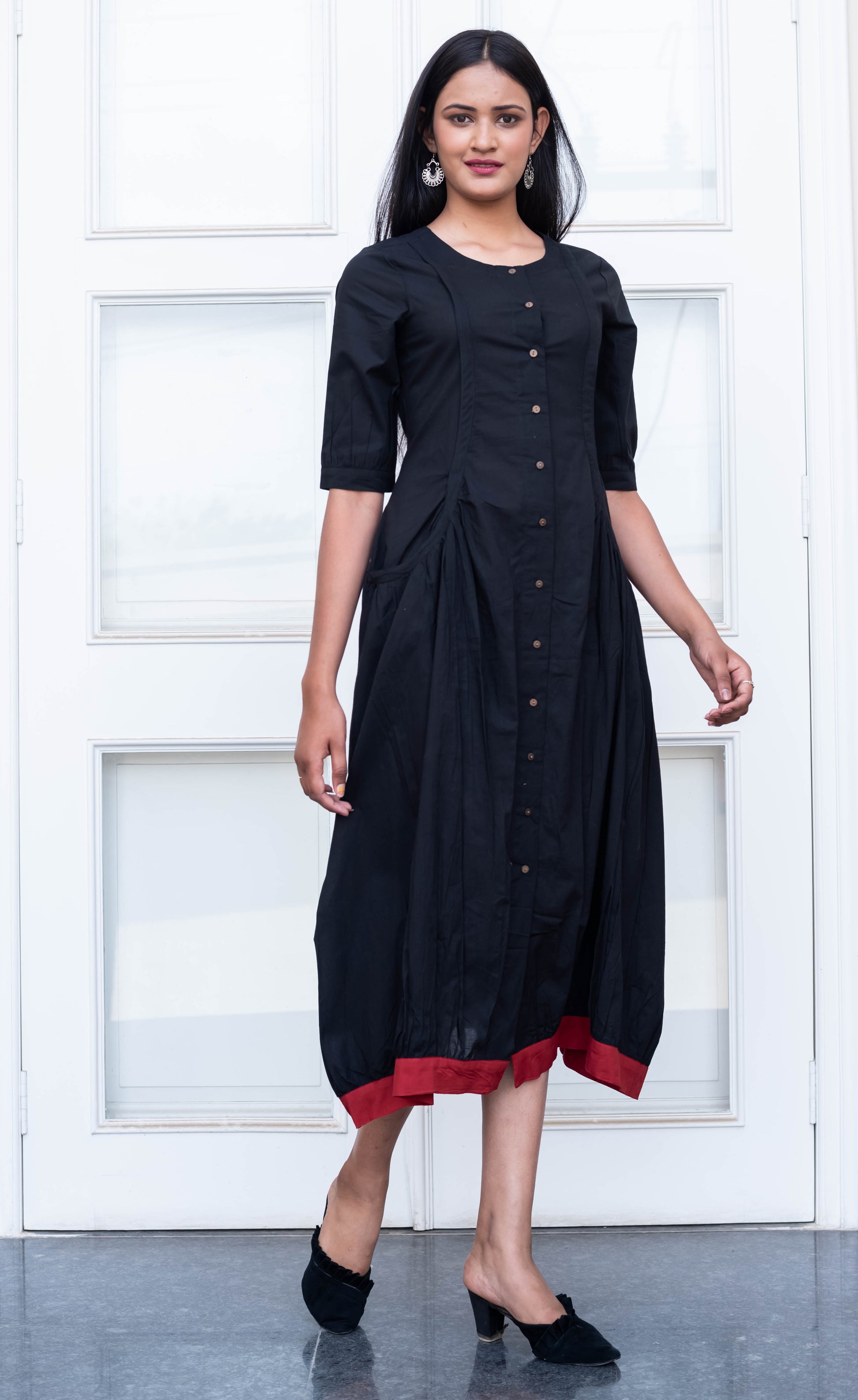 Elegant Black Button-Down Midi Dress with Red Hem