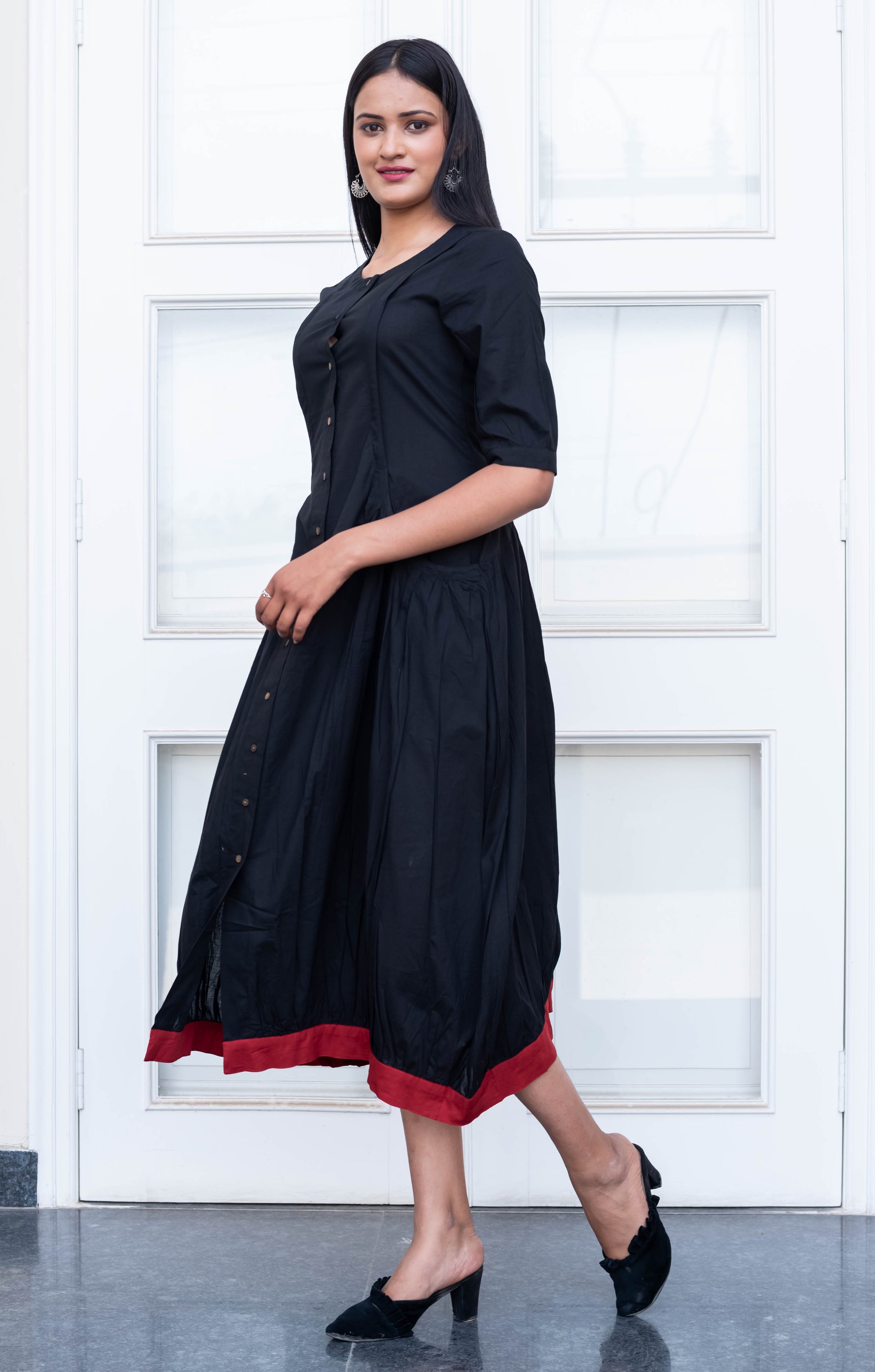 Elegant Black Button-Down Midi Dress with Red Hem