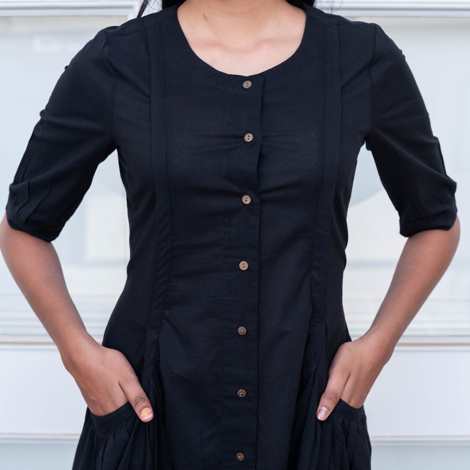 Elegant Black Button-Down Midi Dress with Red Hem