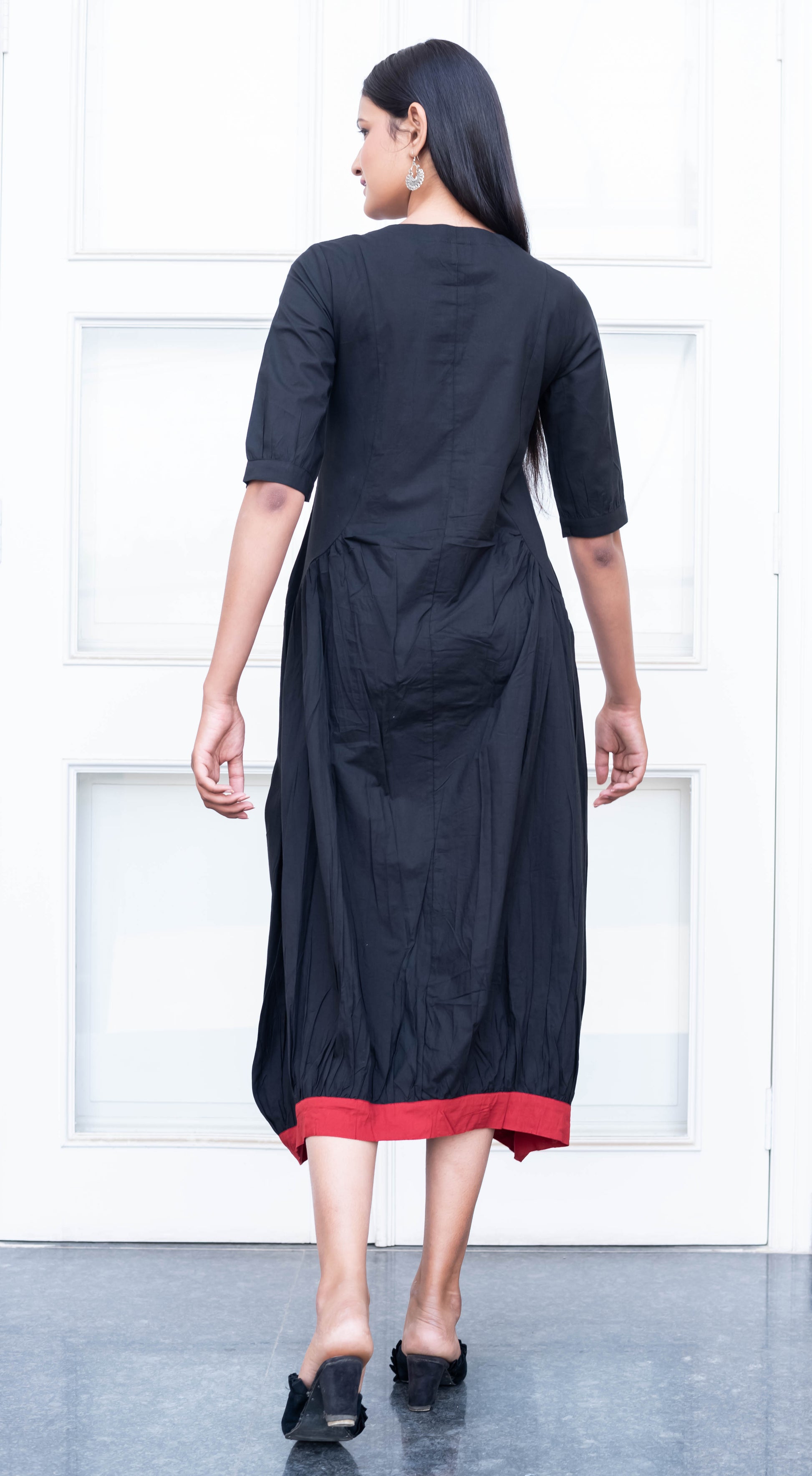 Elegant Black Button-Down Midi Dress with Red Hem