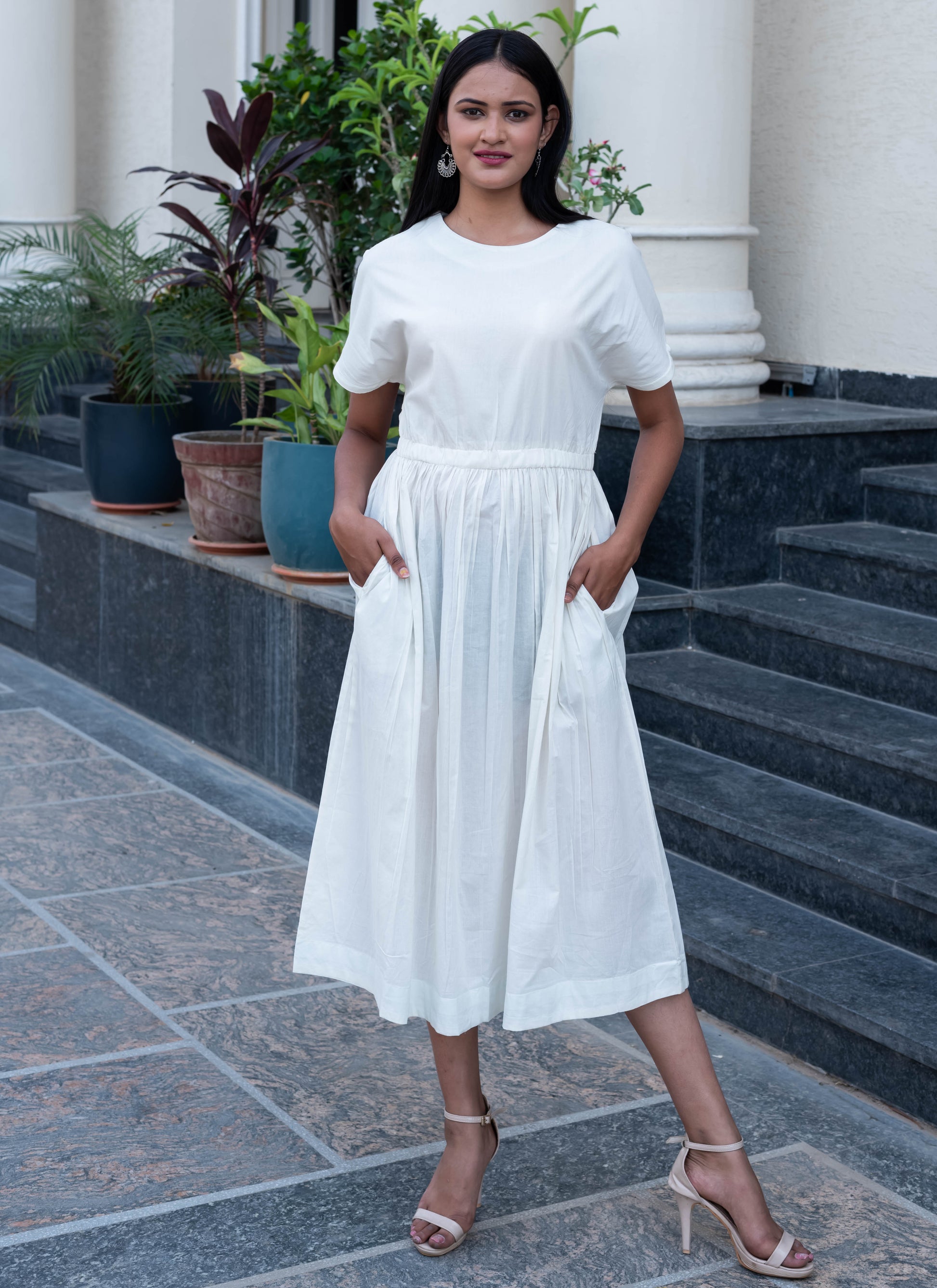 Chic White Midi Dress with Gathered Waist & Pockets