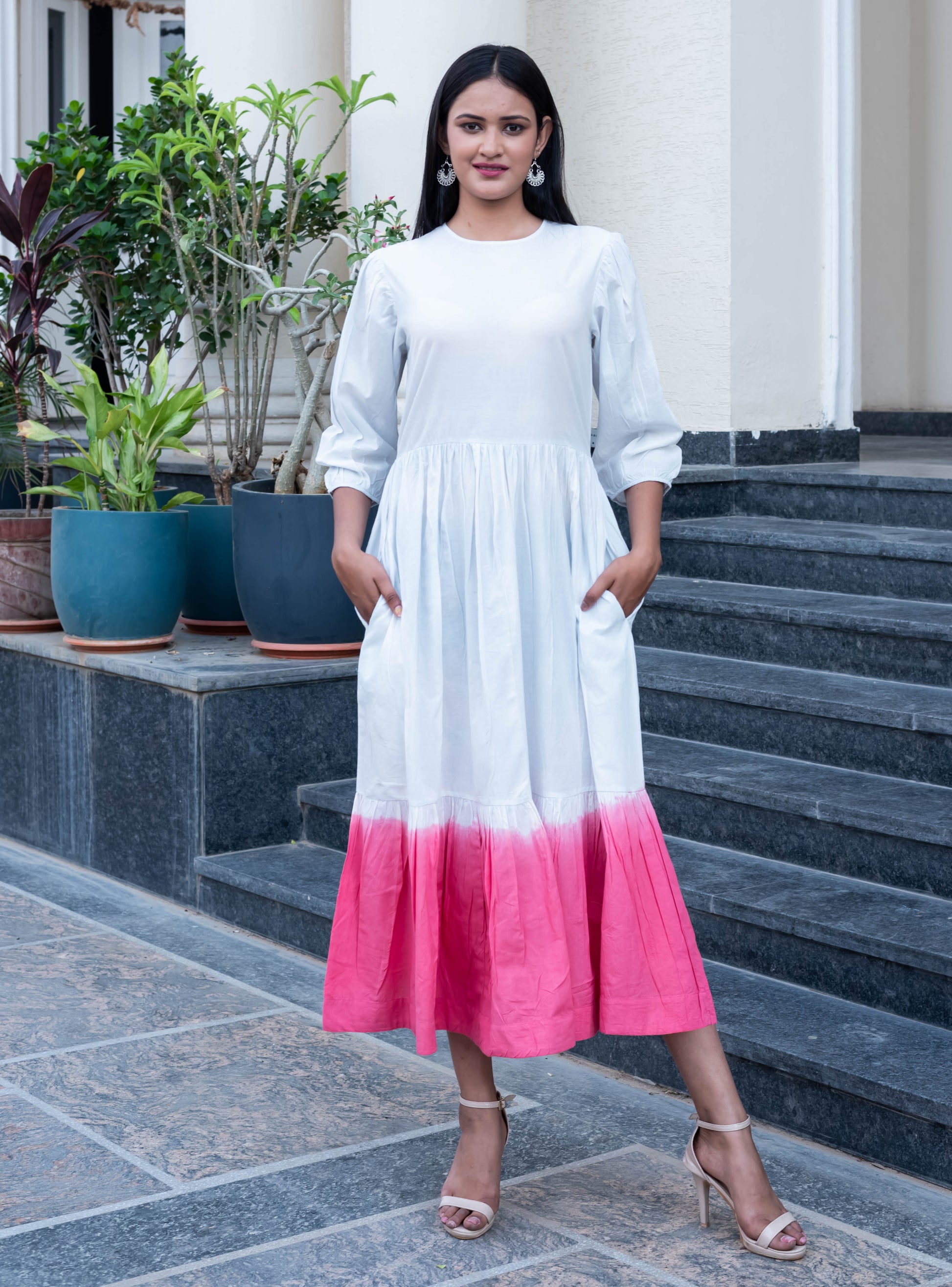 Elegant White & Pink Ombre Midi Dress