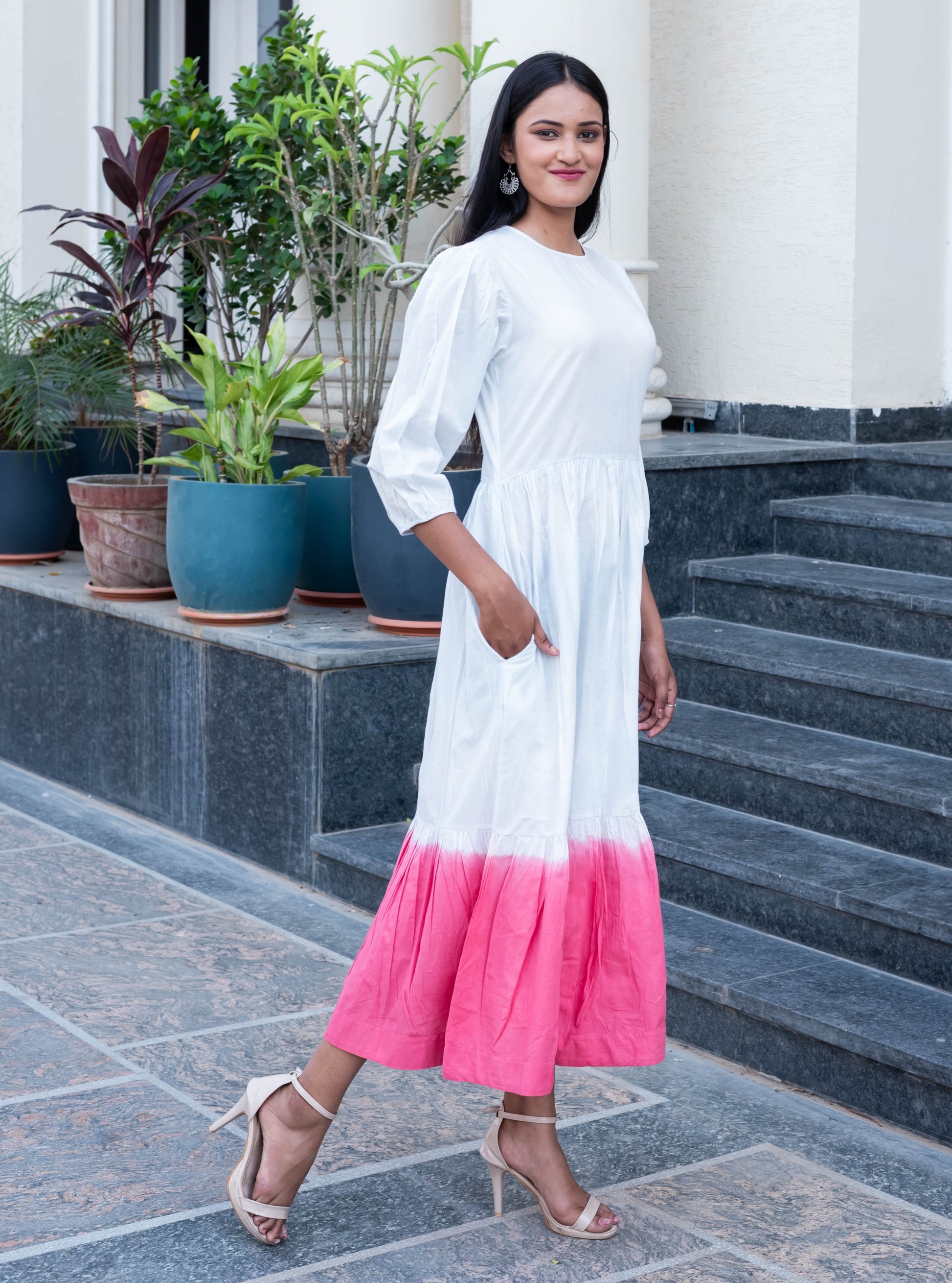 Elegant White & Pink Ombre Midi Dress