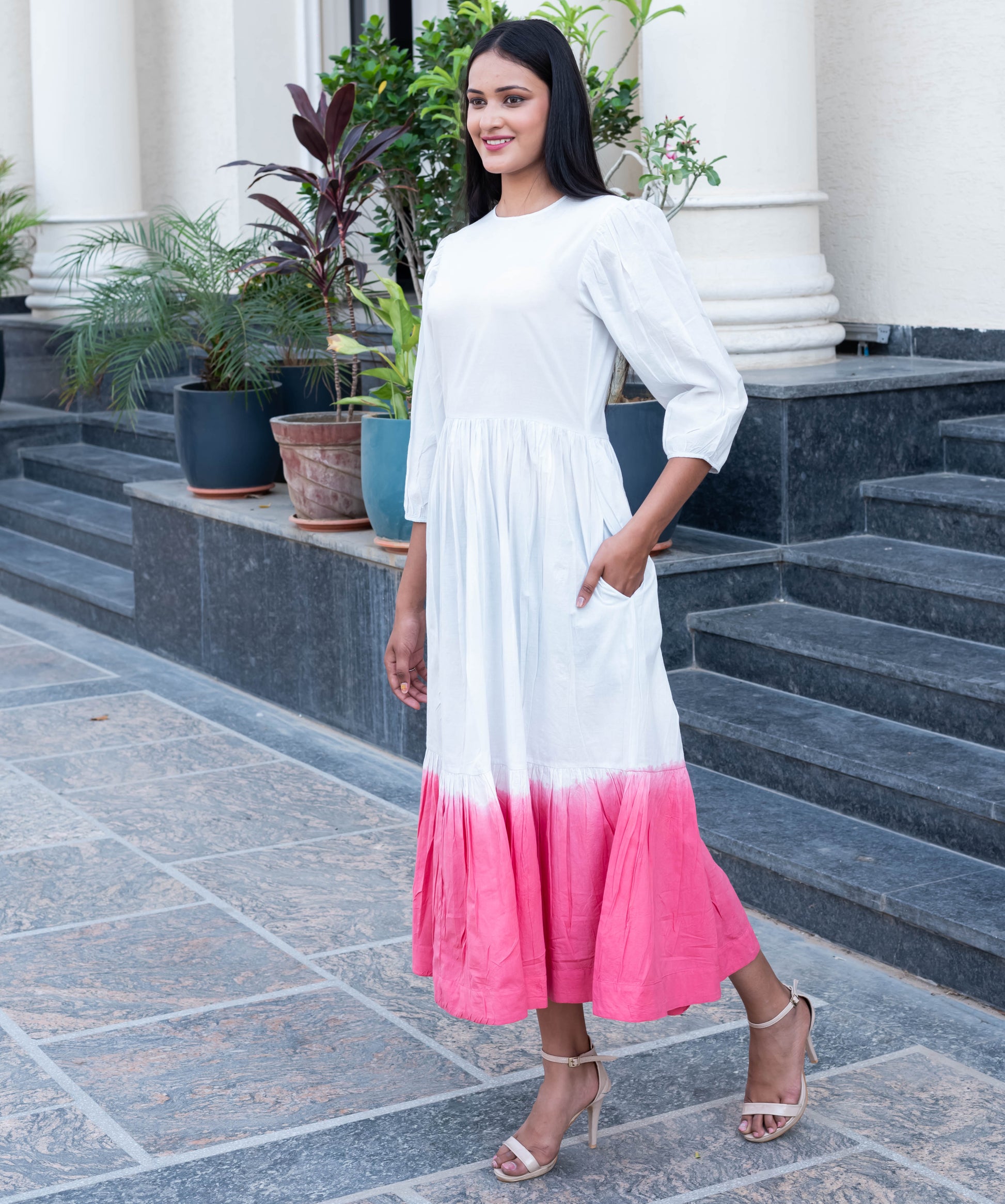Elegant White & Pink Ombre Midi Dress