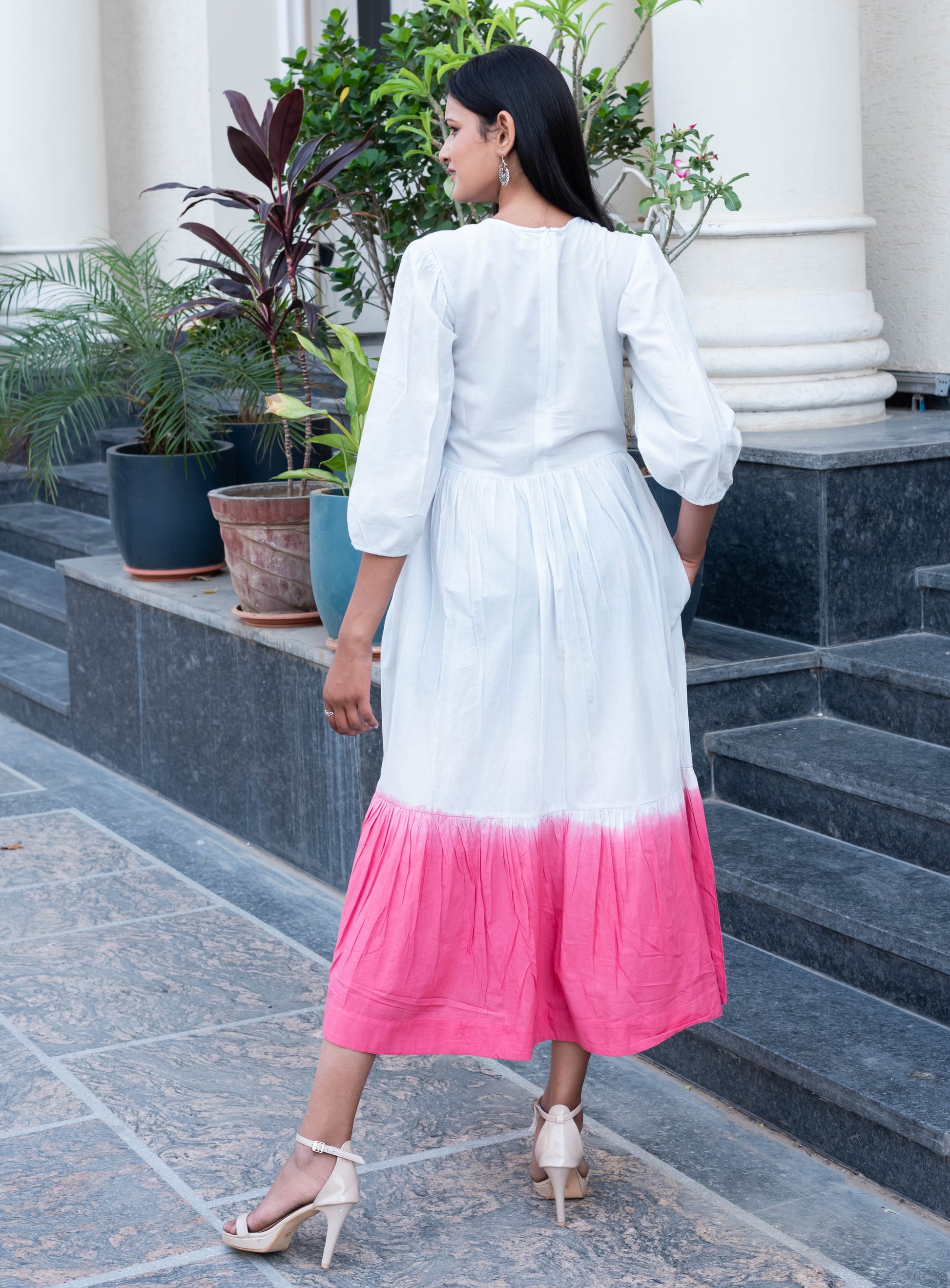 Elegant White & Pink Ombre Midi Dress