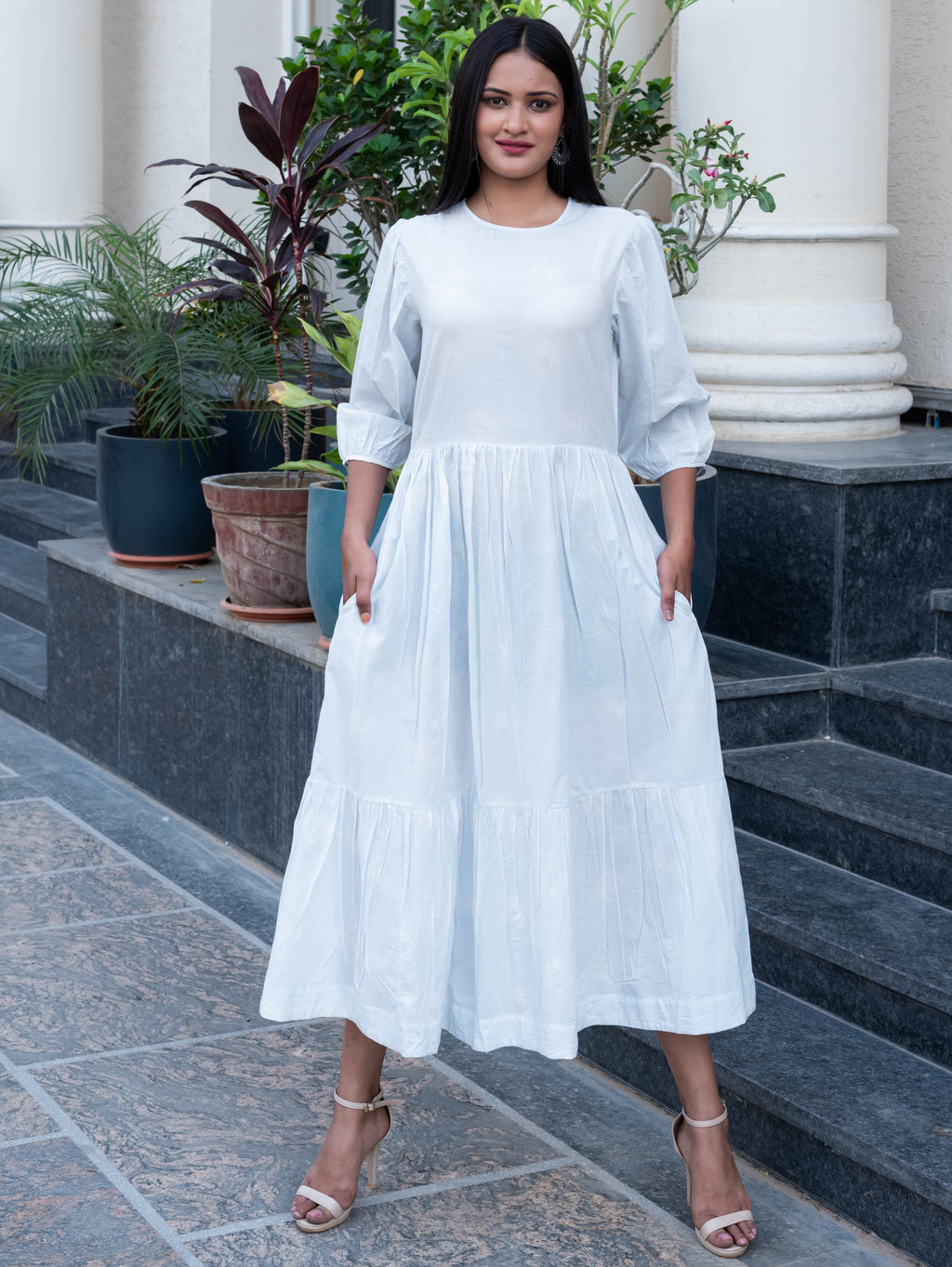 Classic White Puff Sleeve Tiered Midi Dress