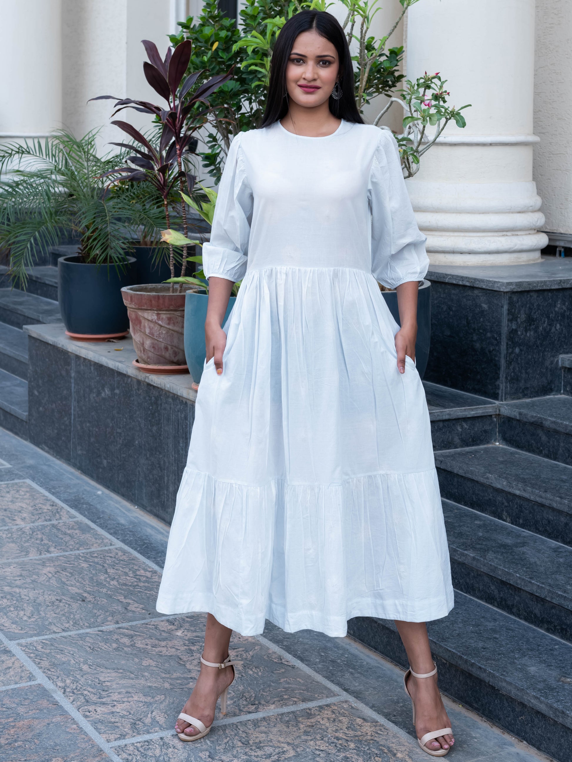 Classic White Puff Sleeve Tiered Midi Dress