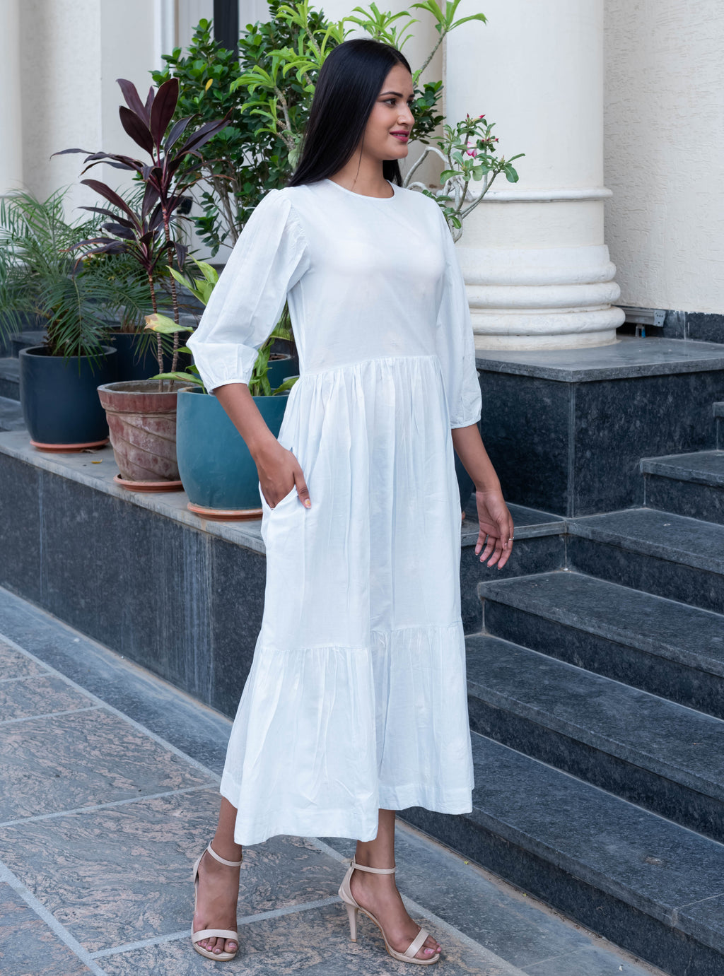 Classic White Puff Sleeve Tiered Midi Dress