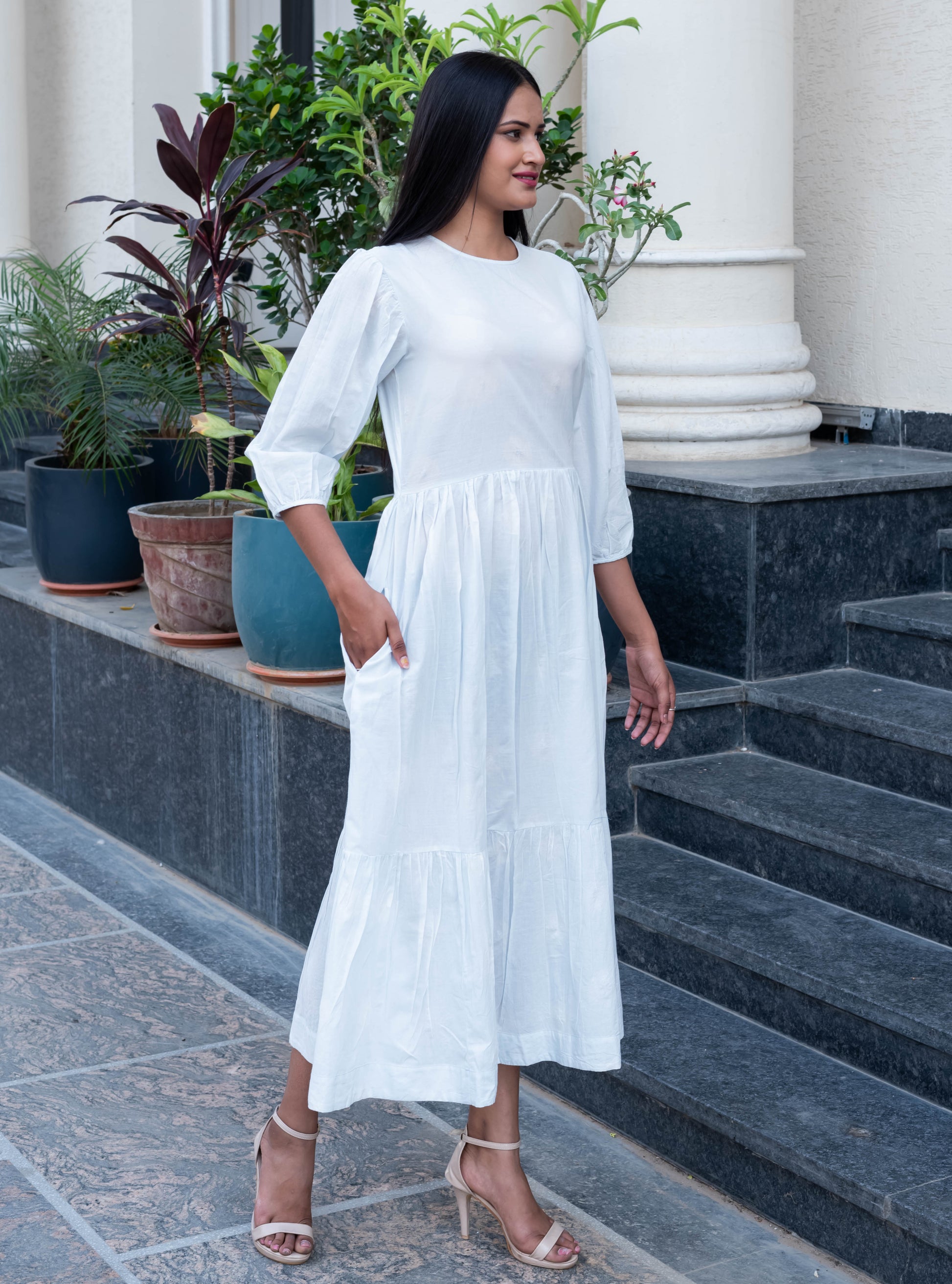 Classic White Puff Sleeve Tiered Midi Dress