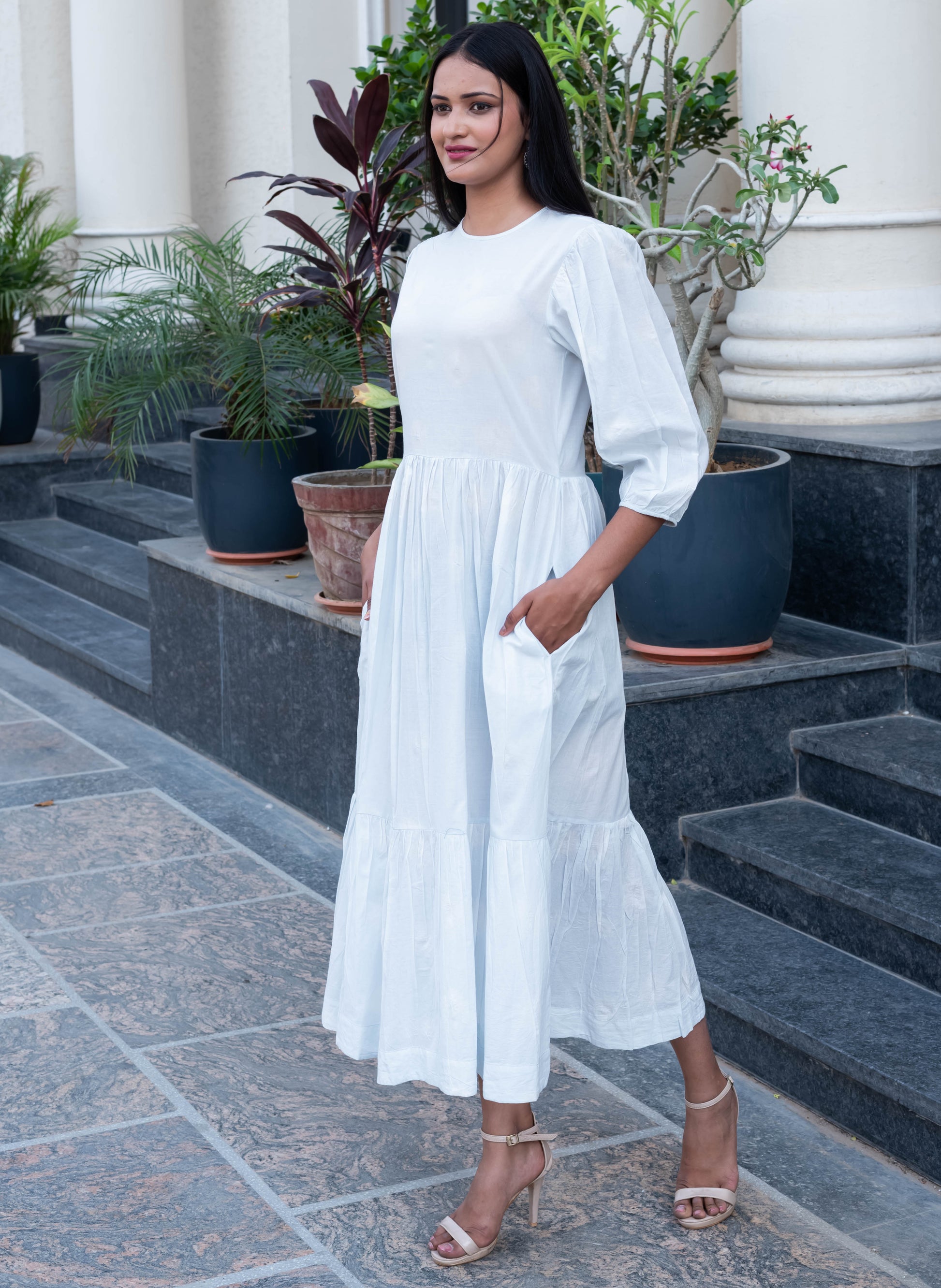 Classic White Puff Sleeve Tiered Midi Dress