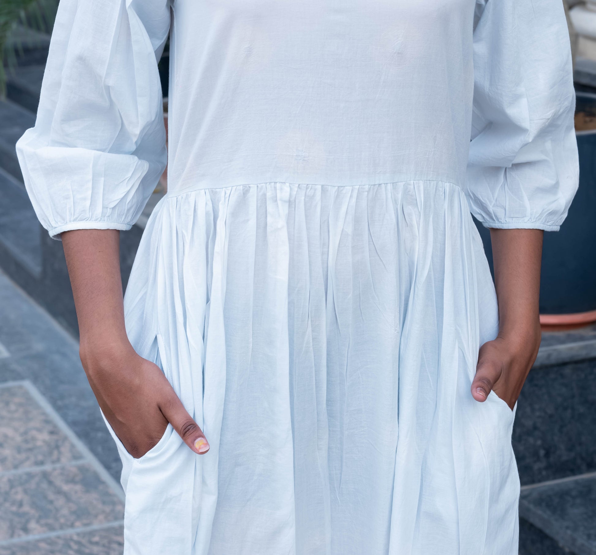 Classic White Puff Sleeve Tiered Midi Dress