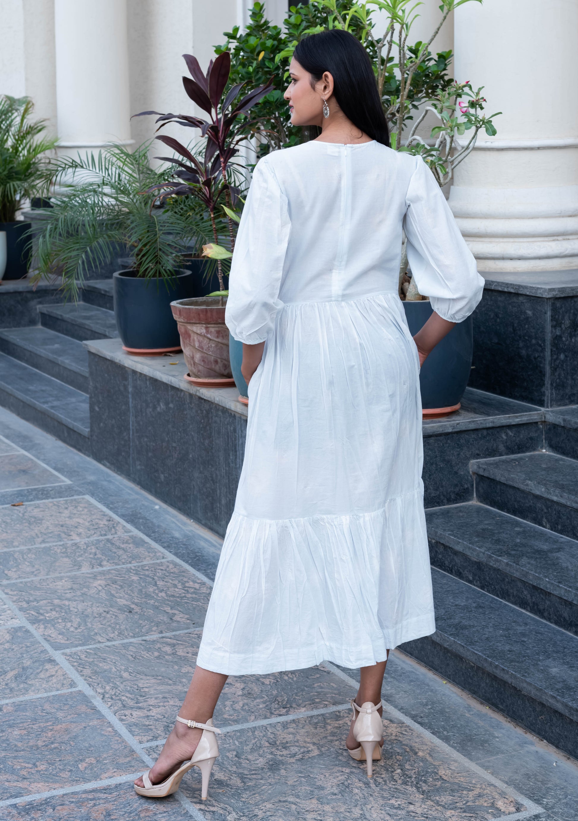 Classic White Puff Sleeve Tiered Midi Dress