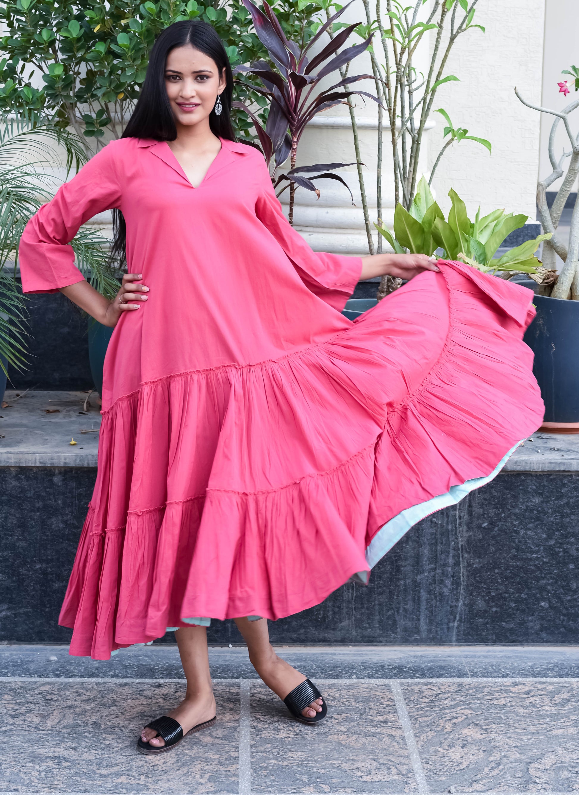 Flamingo Pink Tiered Midi Dress with Collar