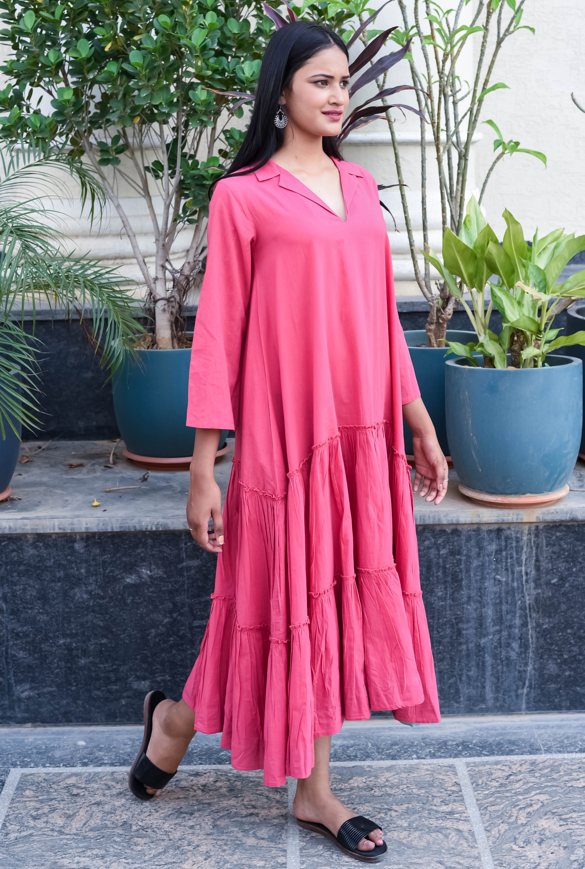 Flamingo Pink Tiered Midi Dress with Collar