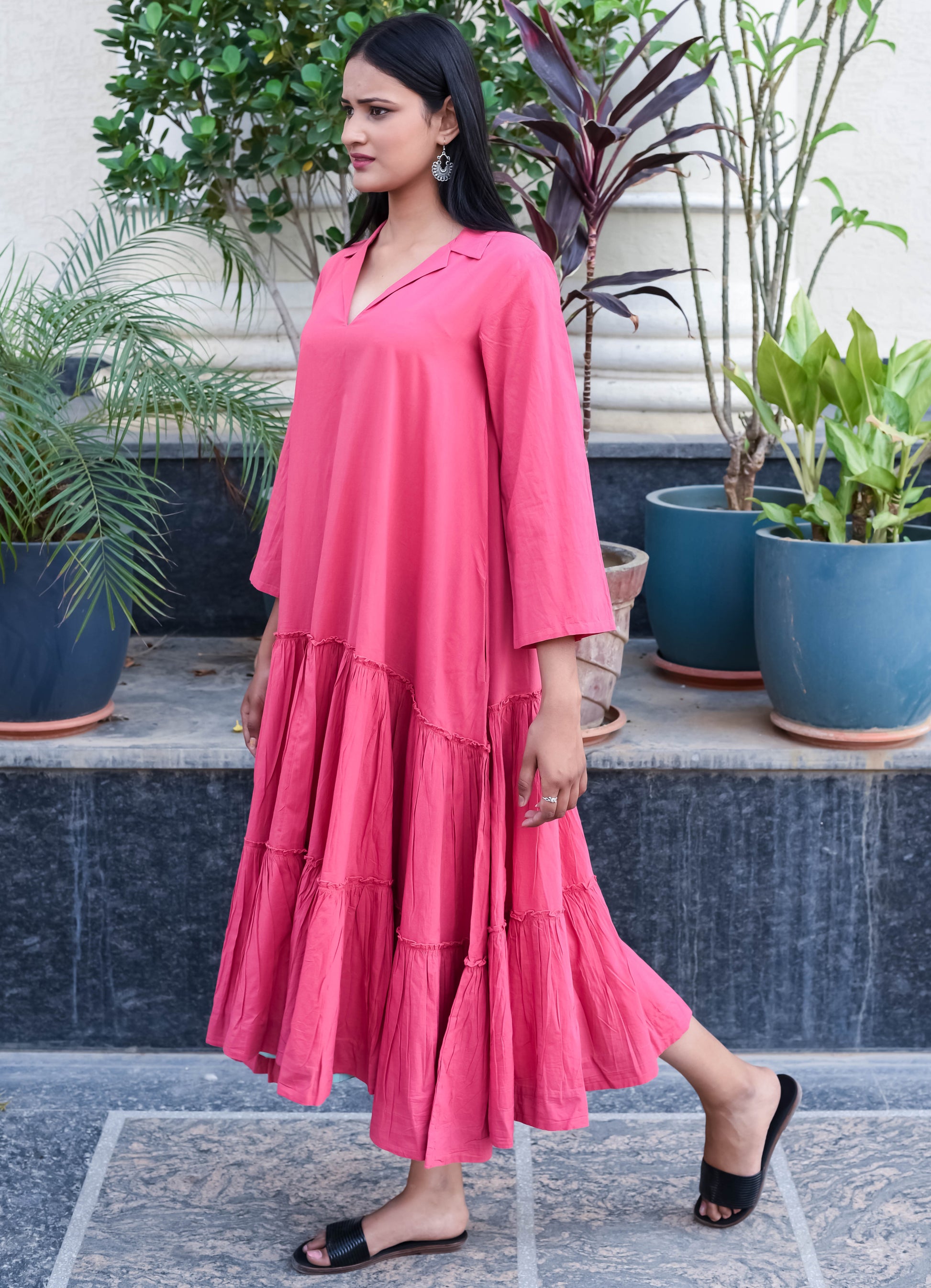 Flamingo Pink Tiered Midi Dress with Collar
