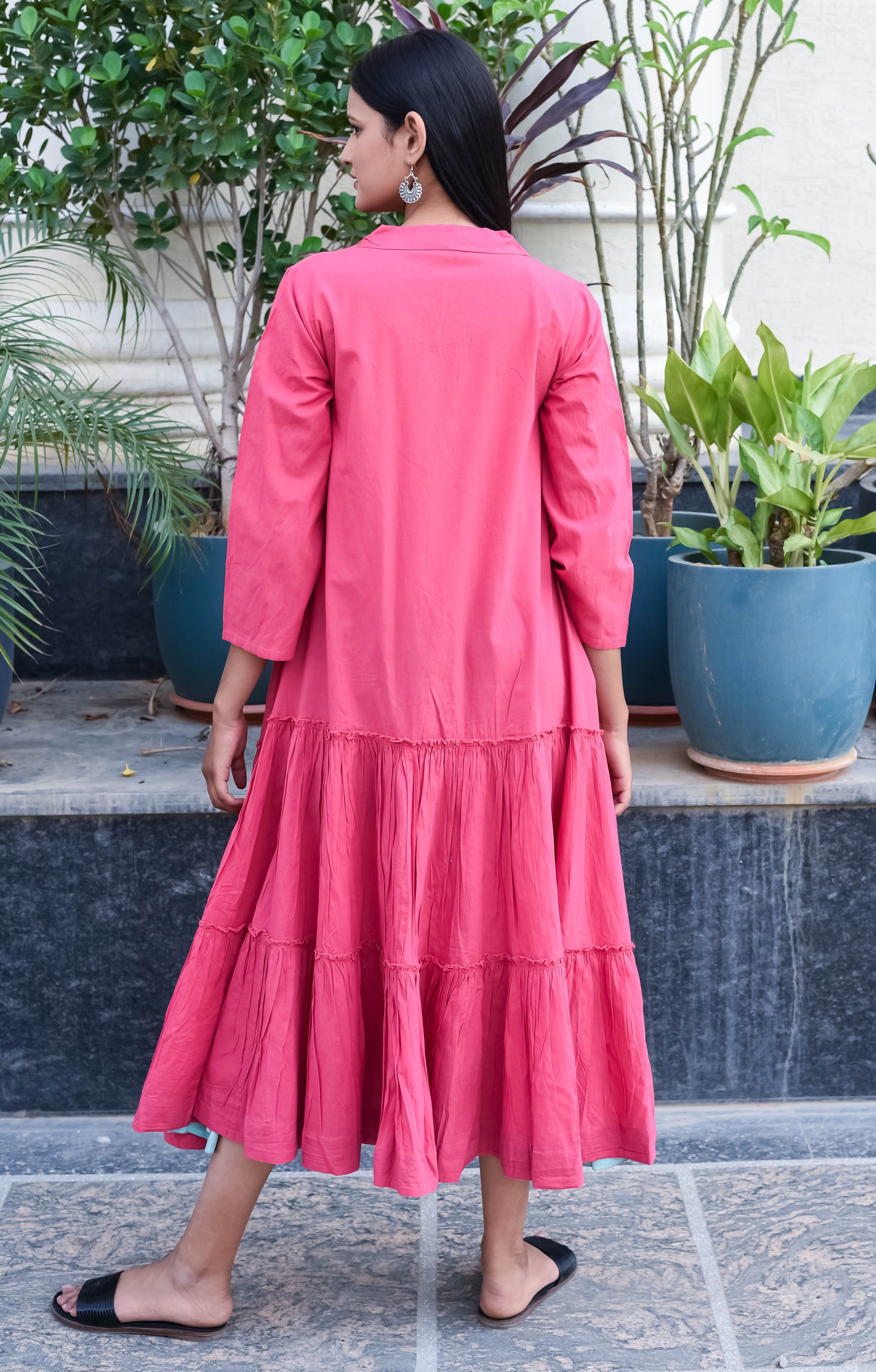 Flamingo Pink Tiered Midi Dress with Collar
