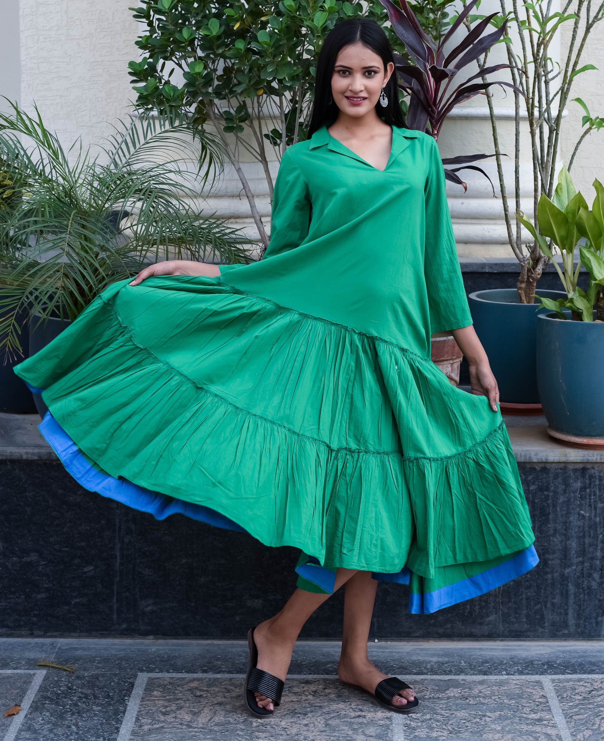 Emerald Green Collared Tiered Dress