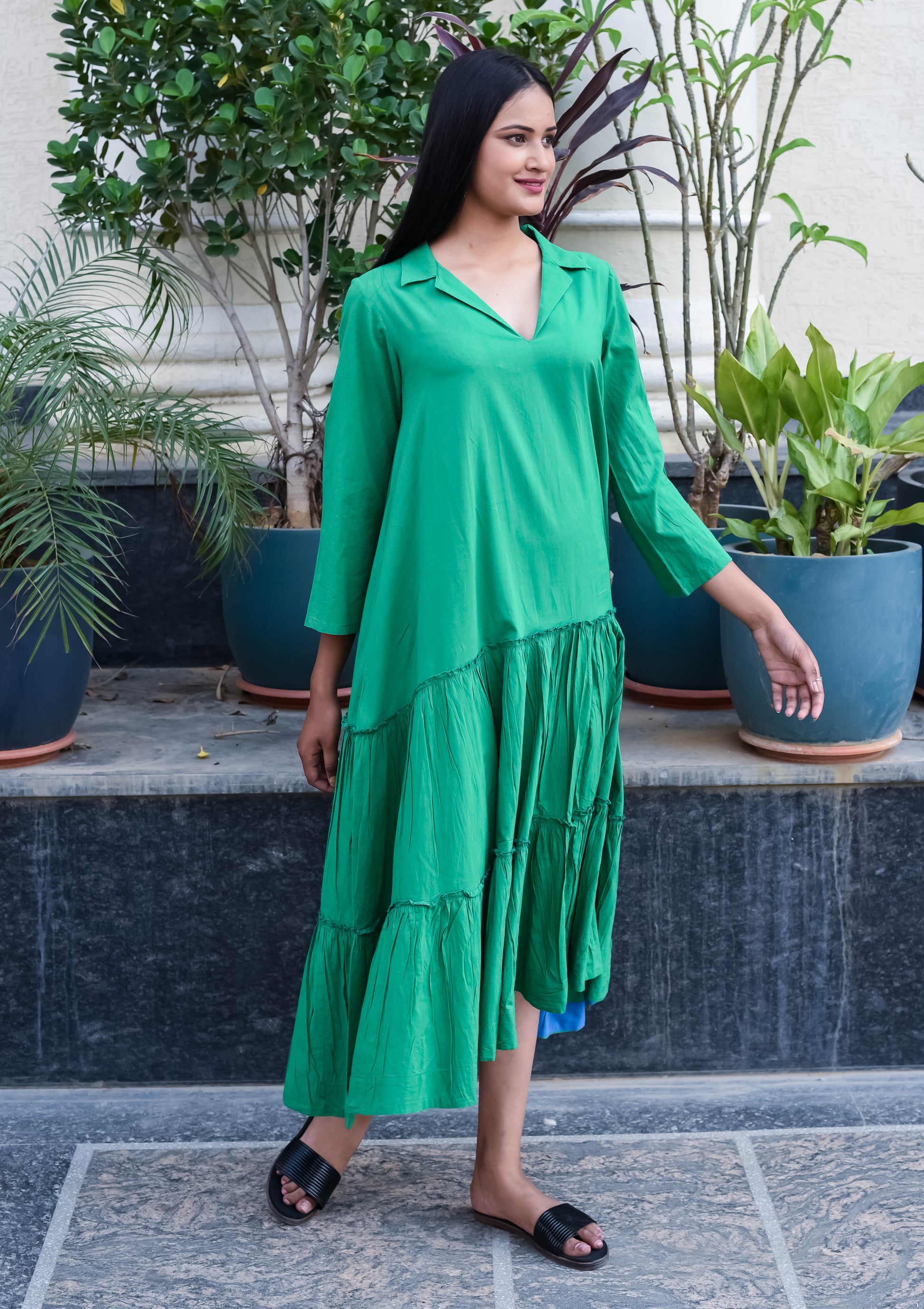 Emerald Green Collared Tiered Dress