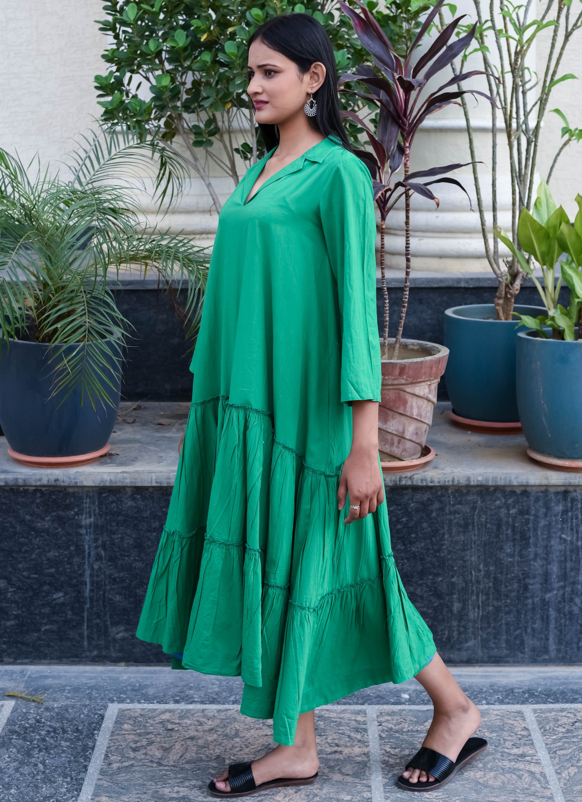 Emerald Green Collared Tiered Dress