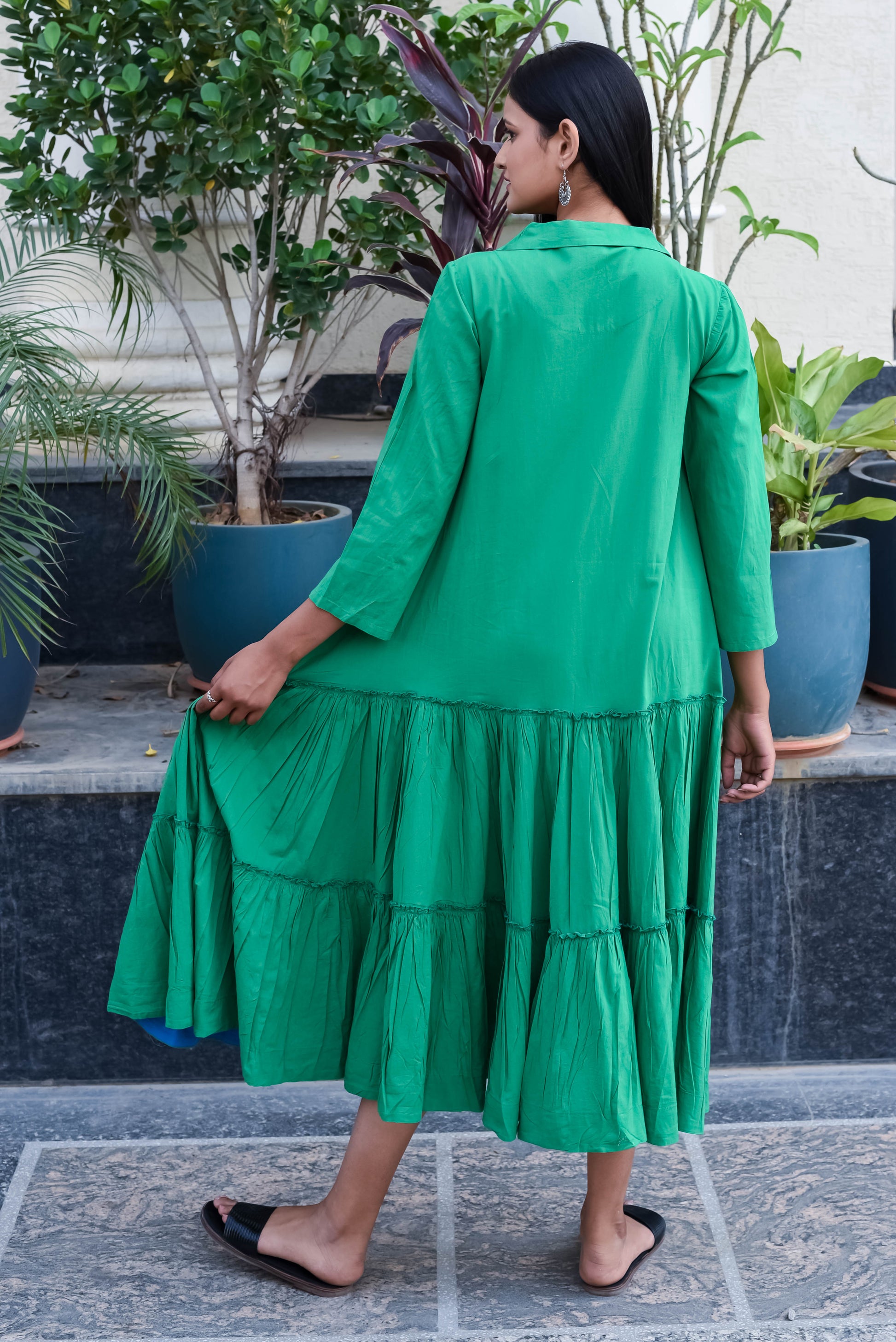 Emerald Green Collared Tiered Dress