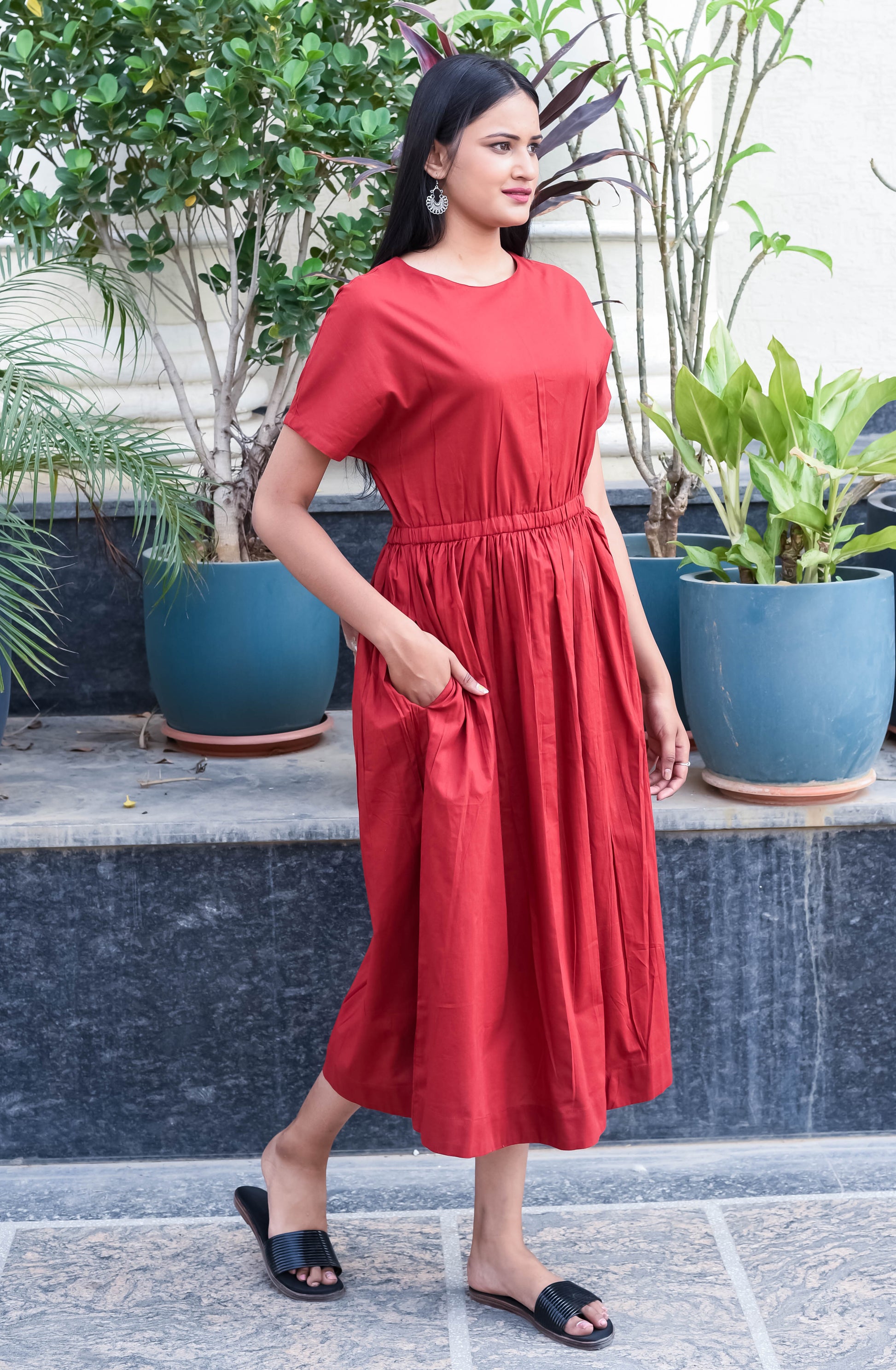 Rust Red Gathered Waist Midi Dress with Pockets