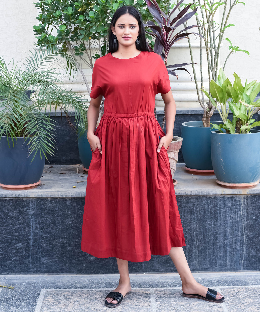 Rust Red Gathered Waist Midi Dress with Pockets