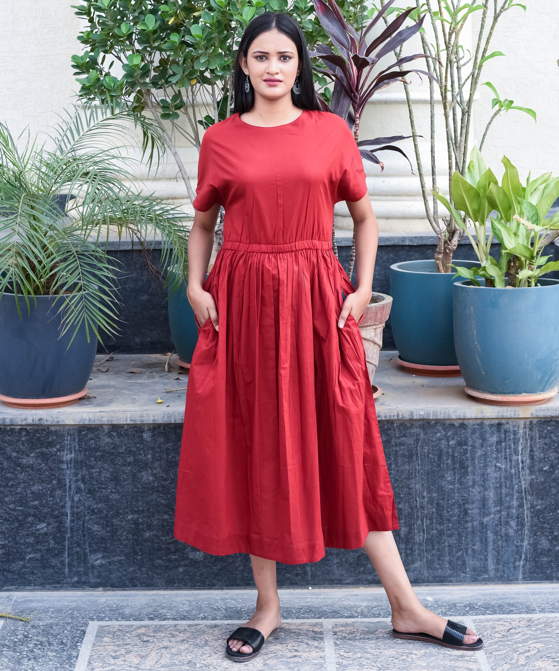 Rust Red Gathered Waist Midi Dress with Pockets