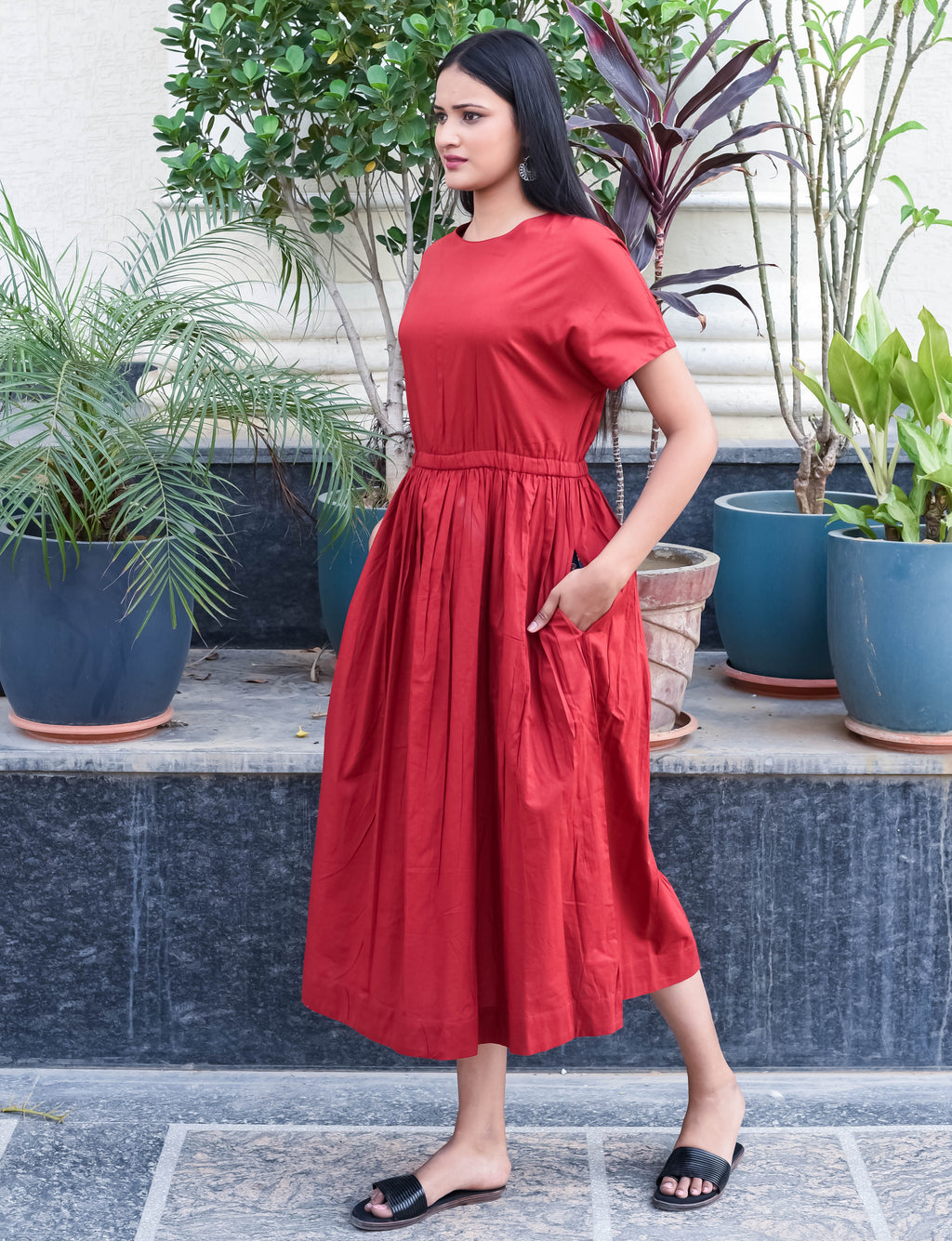 Rust Red Gathered Waist Midi Dress with Pockets
