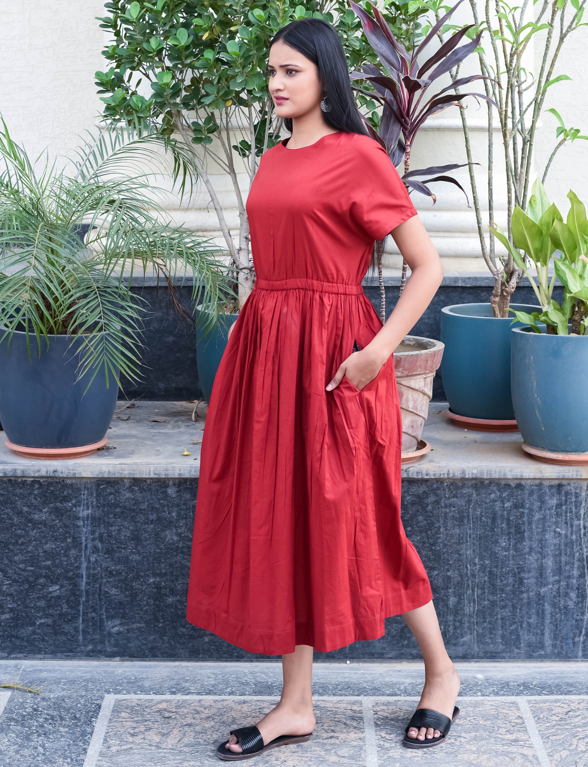 Rust Red Gathered Waist Midi Dress with Pockets