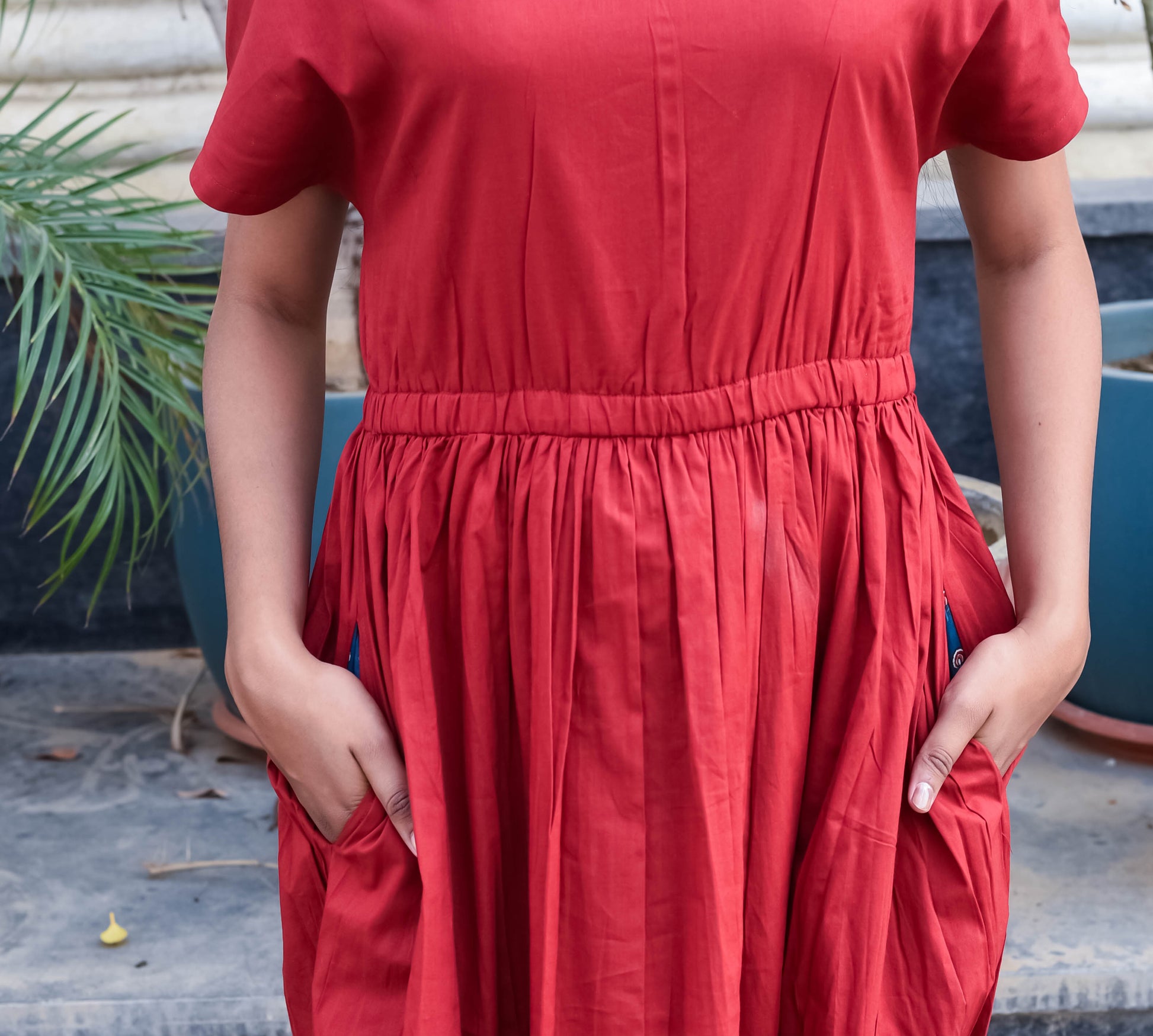 Rust Red Gathered Waist Midi Dress with Pockets