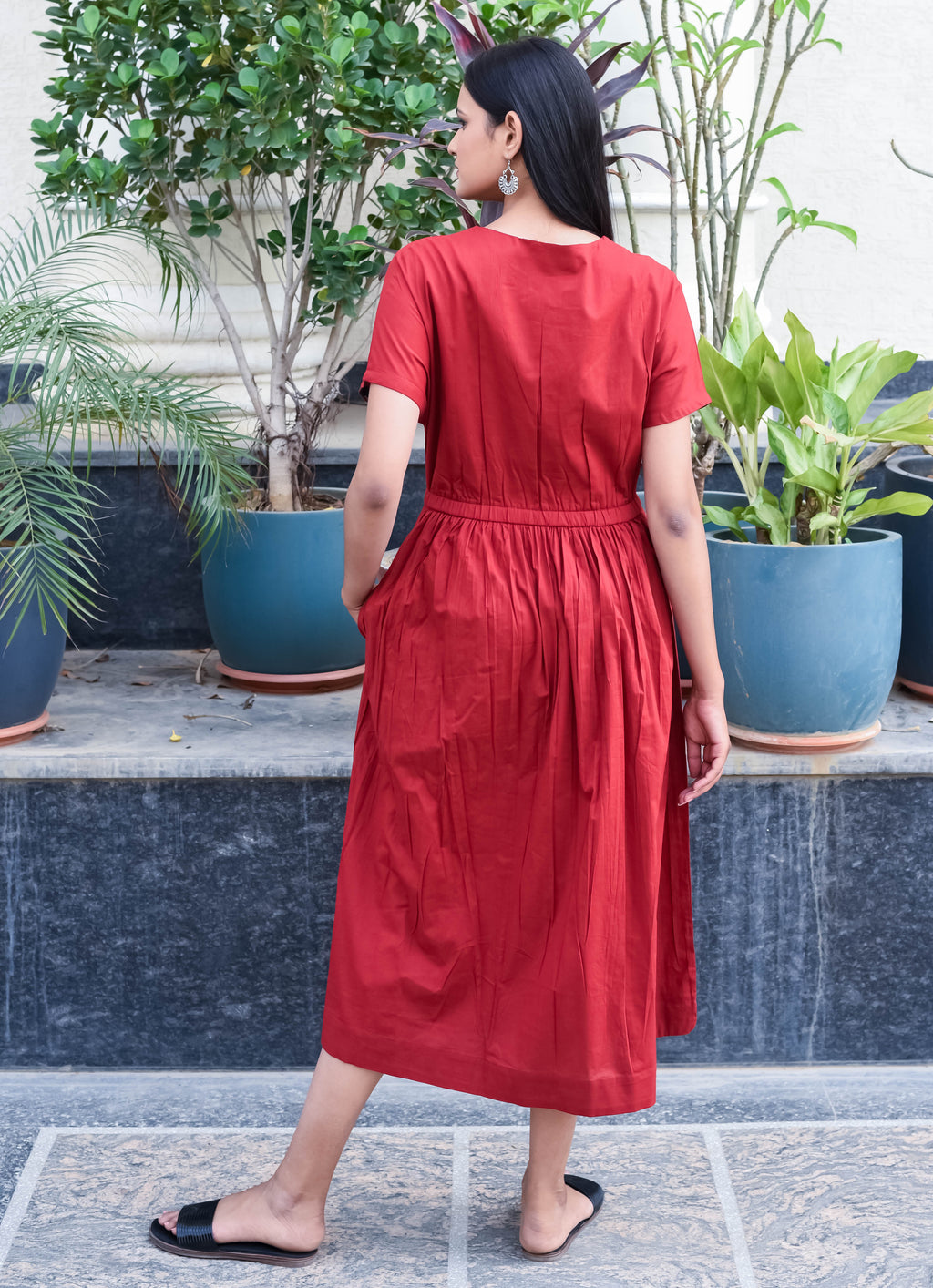 Rust Red Gathered Waist Midi Dress with Pockets