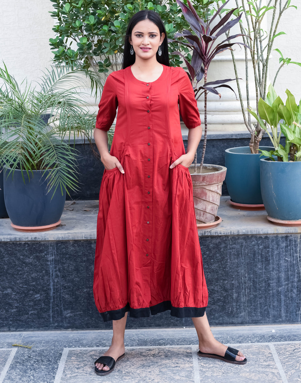 Rust Red Button-Down Midi Dress with Contrast Hem