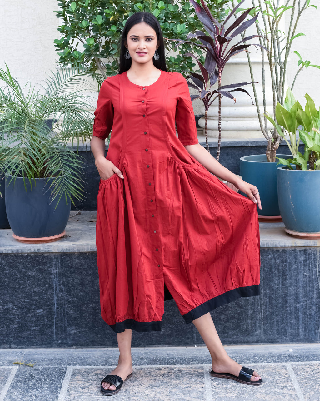 Rust Red Button-Down Midi Dress with Contrast Hem