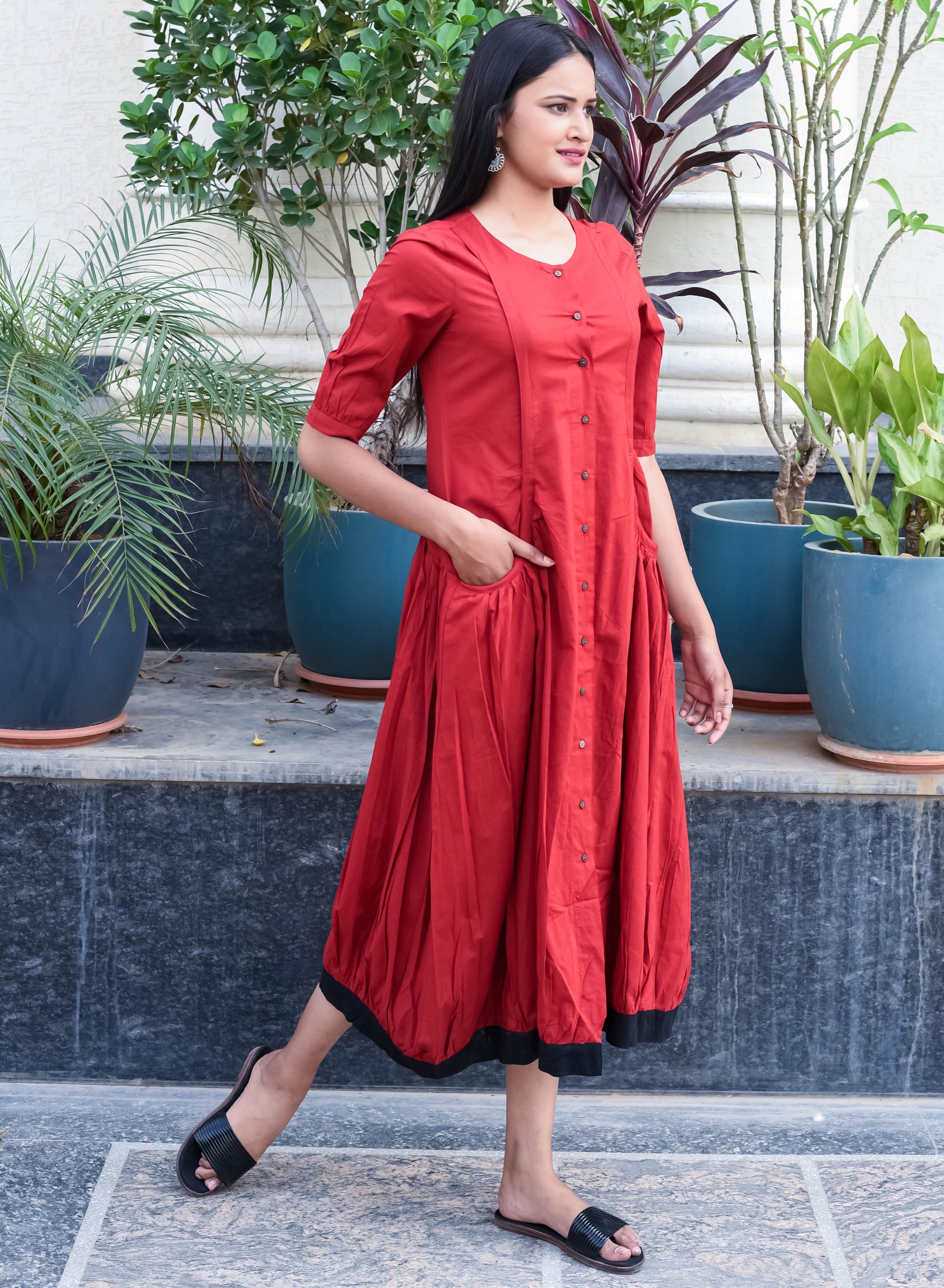Rust Red Button-Down Midi Dress with Contrast Hem