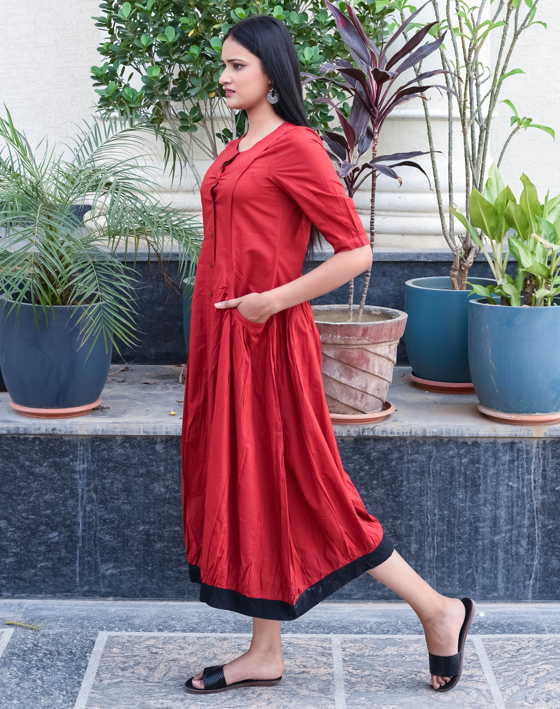 Rust Red Button-Down Midi Dress with Contrast Hem