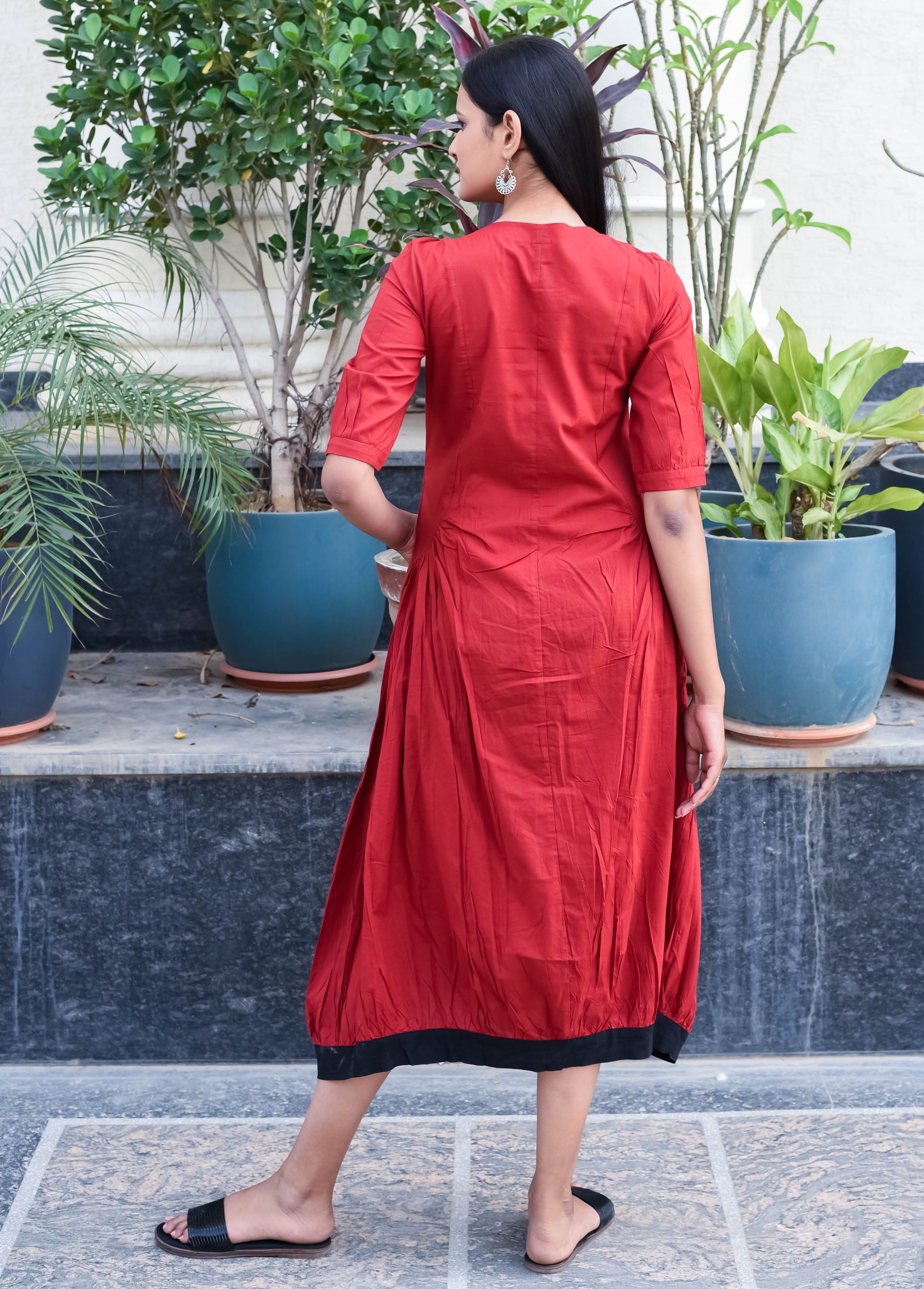Rust Red Button-Down Midi Dress with Contrast Hem