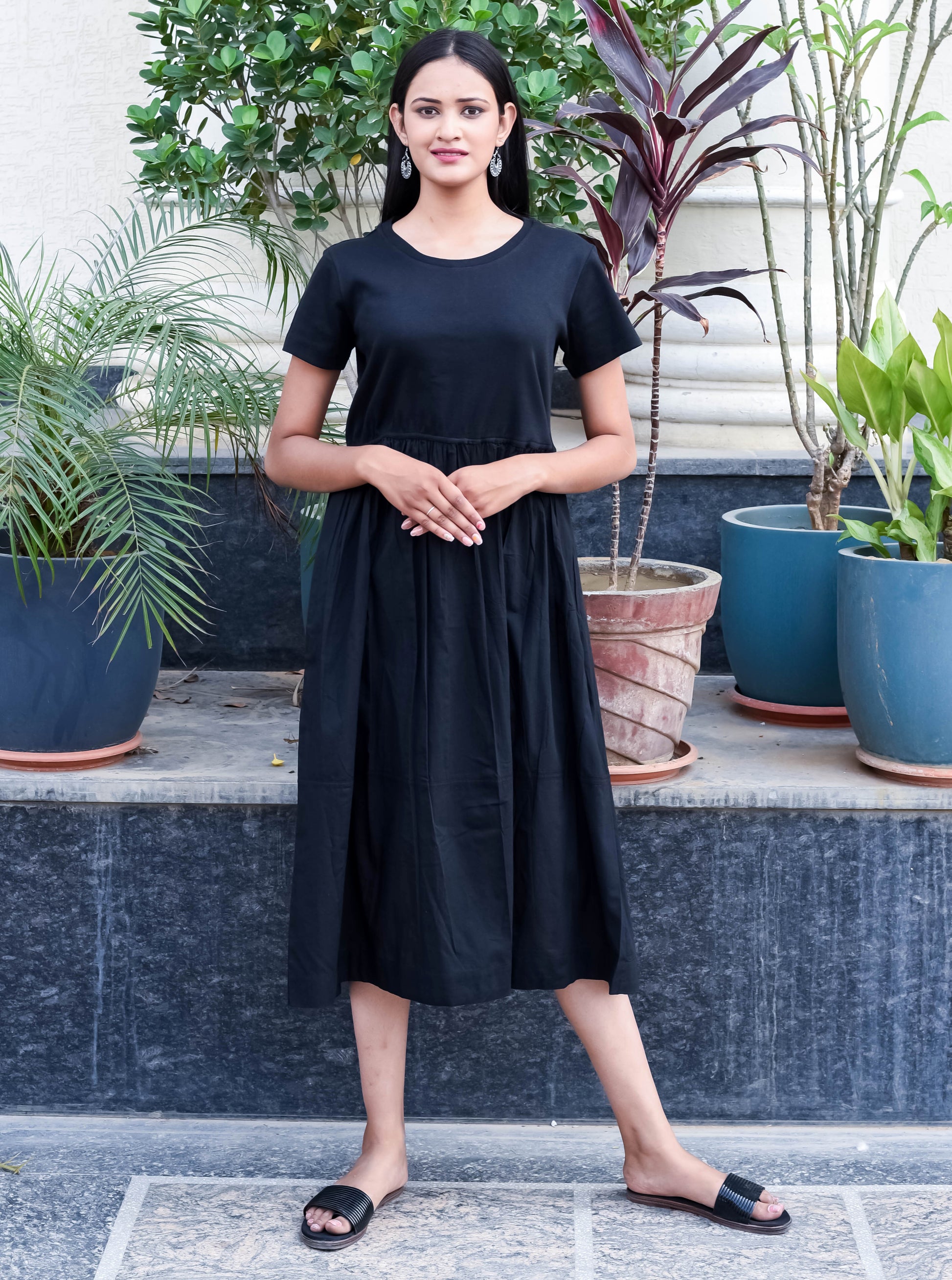 Classic Black Midi Dress with Gathered Waist